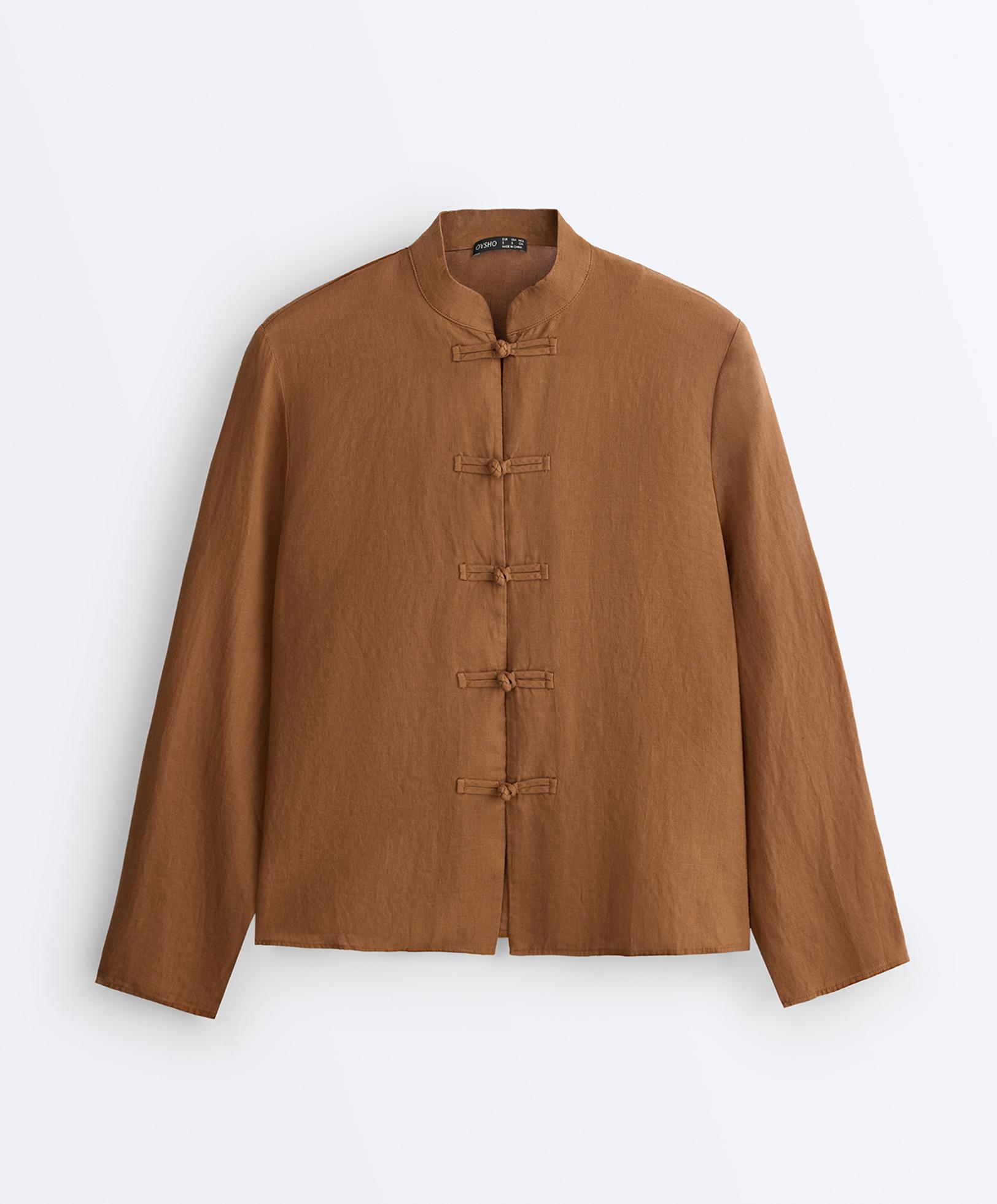 100% linen stand-up collar shirt — TOFFEE