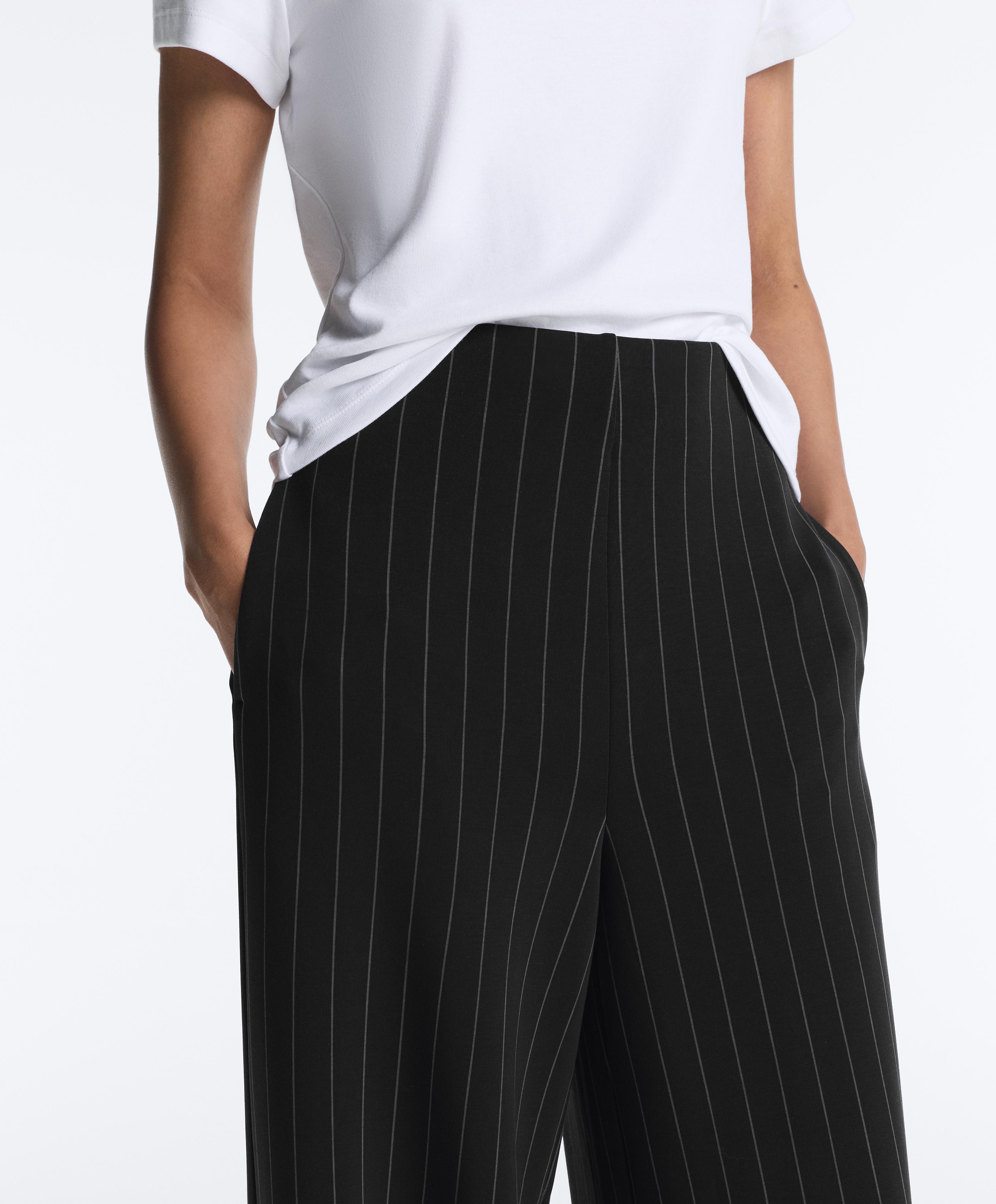 Soft touch pinstripe wide leg high rise trousers — BLACK