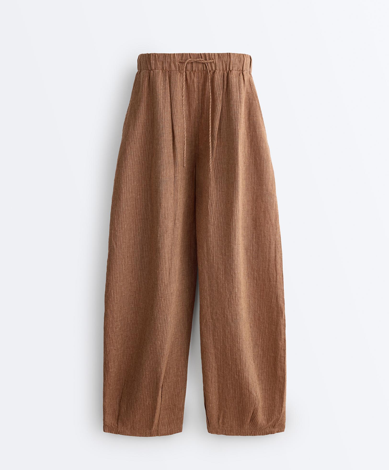 100% linen striped balloon trousers — TAN MELANGE