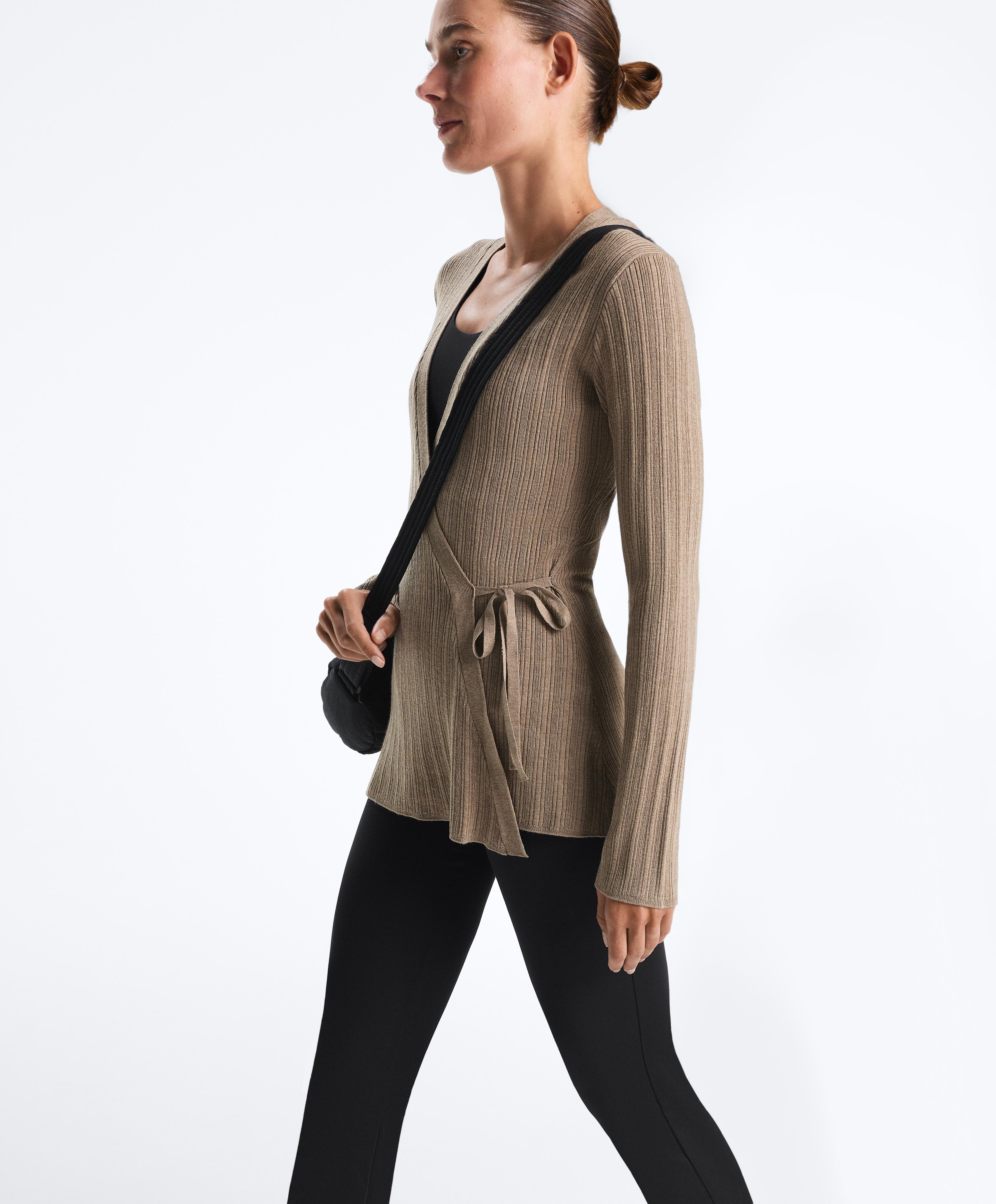 Long rib knit jacket with side tie fastening — DARK TAUPE