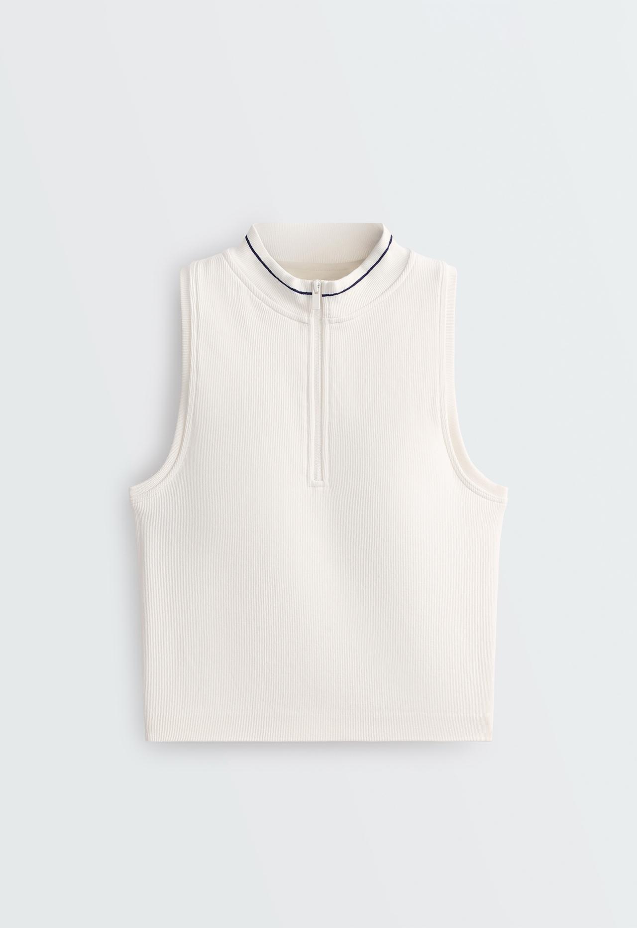 Seamless sleeveless tank top with half-zip — PALE ECRU
