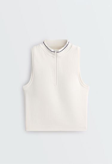 Seamless sleeveless tank top with half-zip — PALE ECRU 5