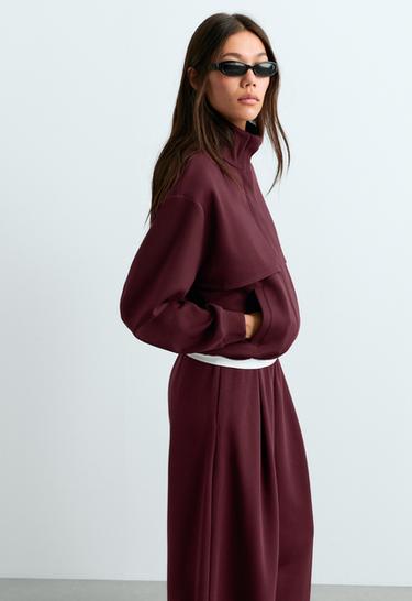 High-neck piqué jacket with cotton — BURGUNDY 3