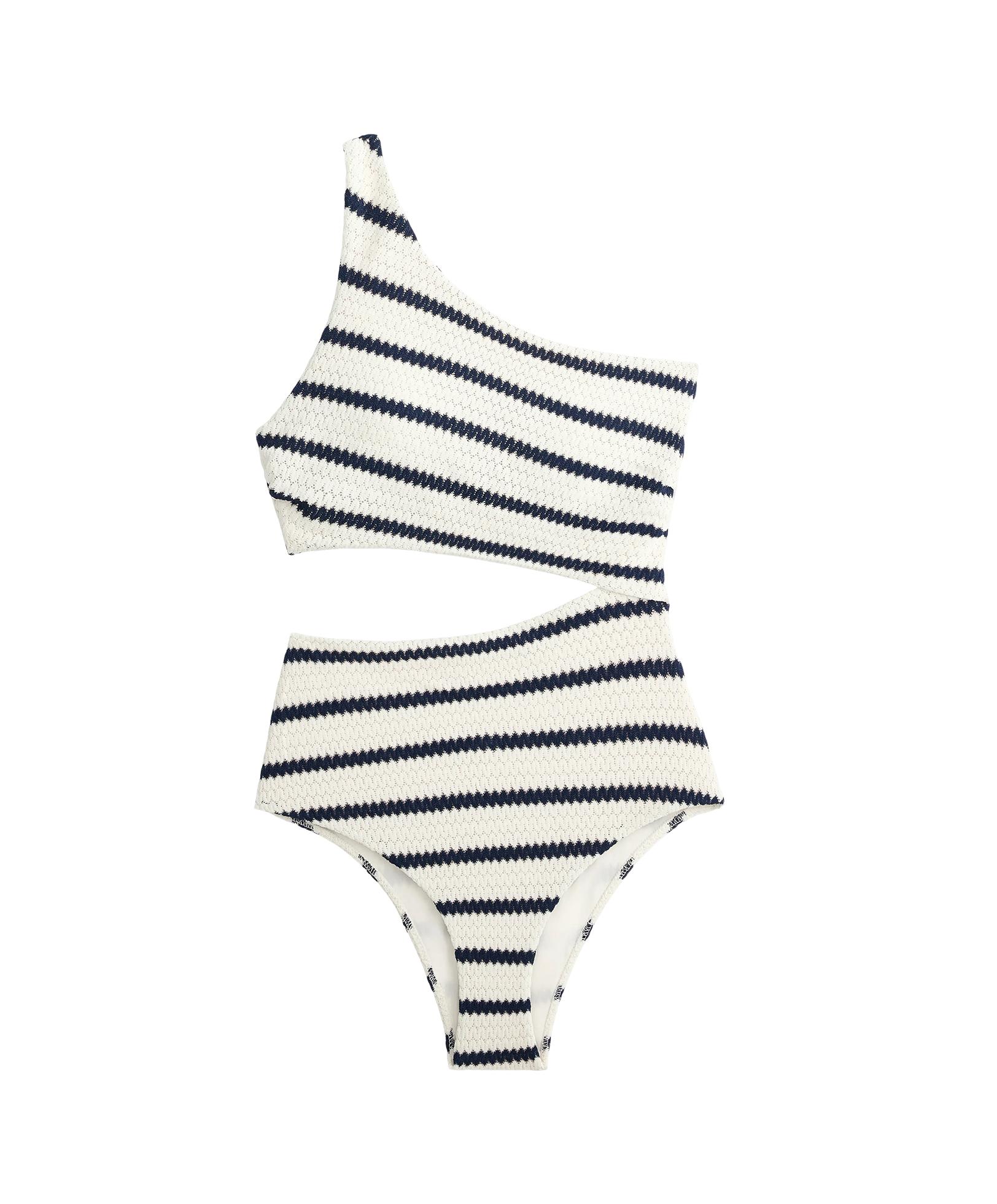 Crochet stripe asymmetric trikini — PALE ECRU