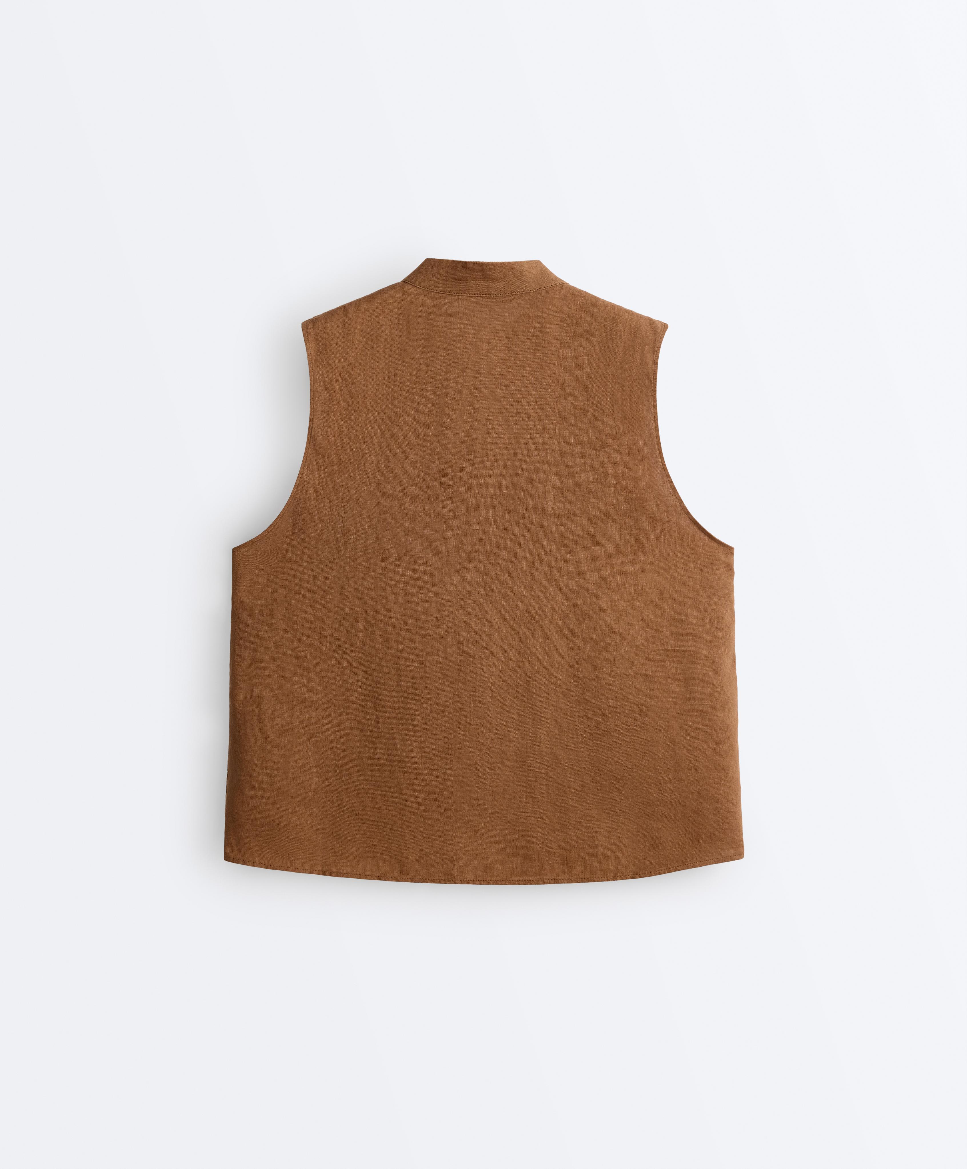 100% linen sleeveless stand-up collar shirt — TOFFEE