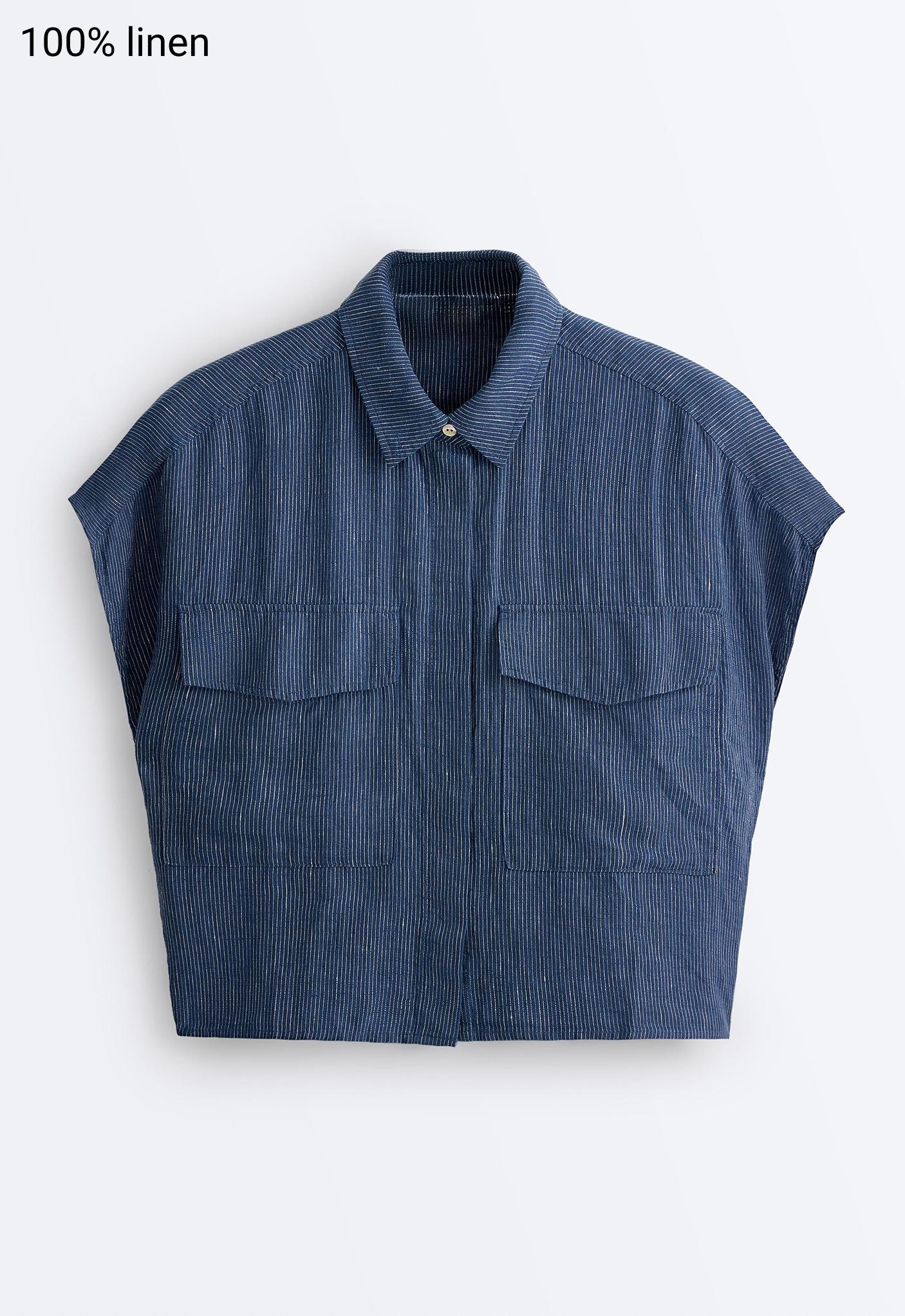 100% linen striped shirt with pockets — BLUE MELANGE