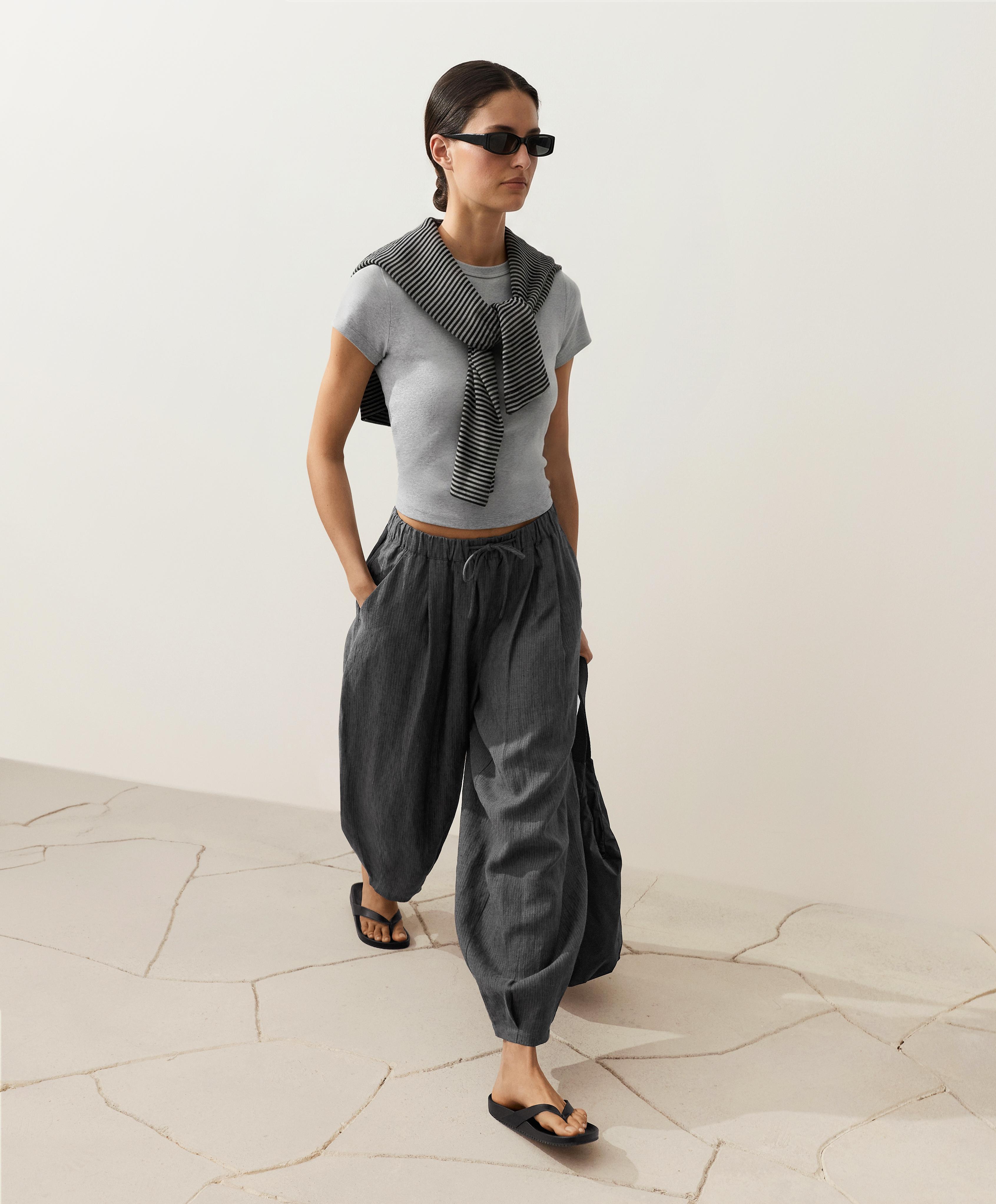 100% linen striped balloon trousers — DARK ANTHRACITE