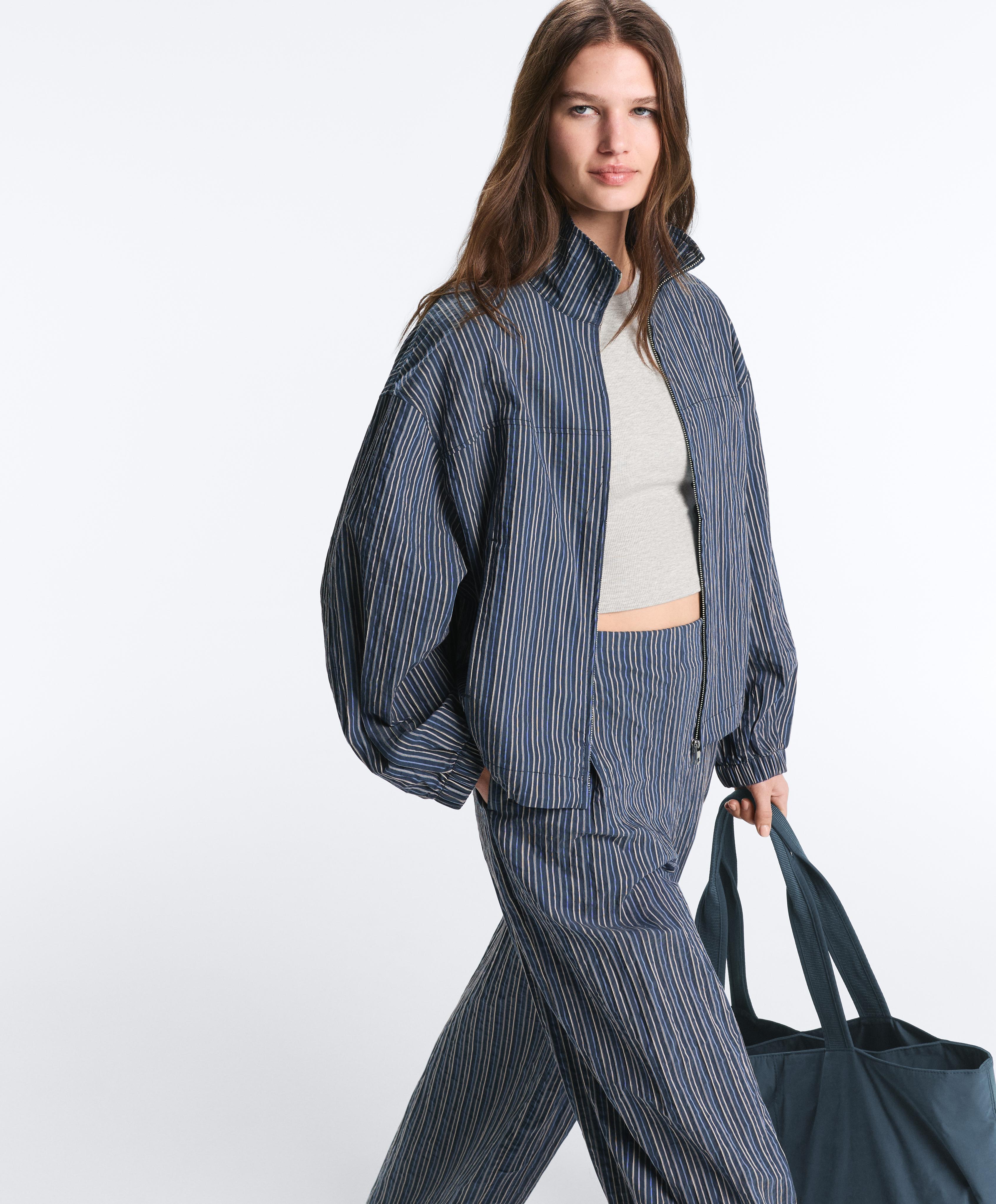 Cotton blend striped bomber jacket — DARK NAVY