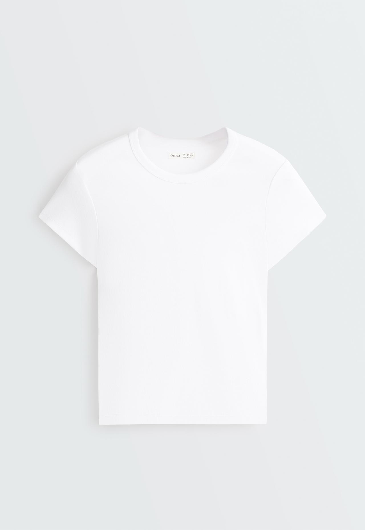 Fitted short-sleeved cotton blend rib T-shirt — WHITE