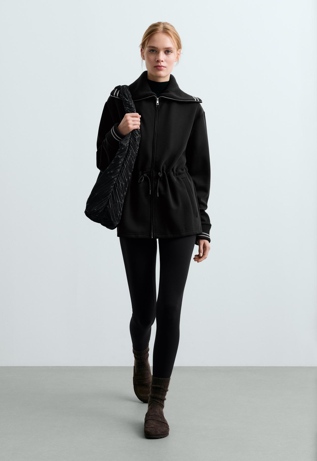 Long jacket with modal brushed piping — BLACK