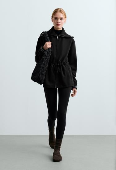 Long jacket with modal brushed piping — BLACK 1