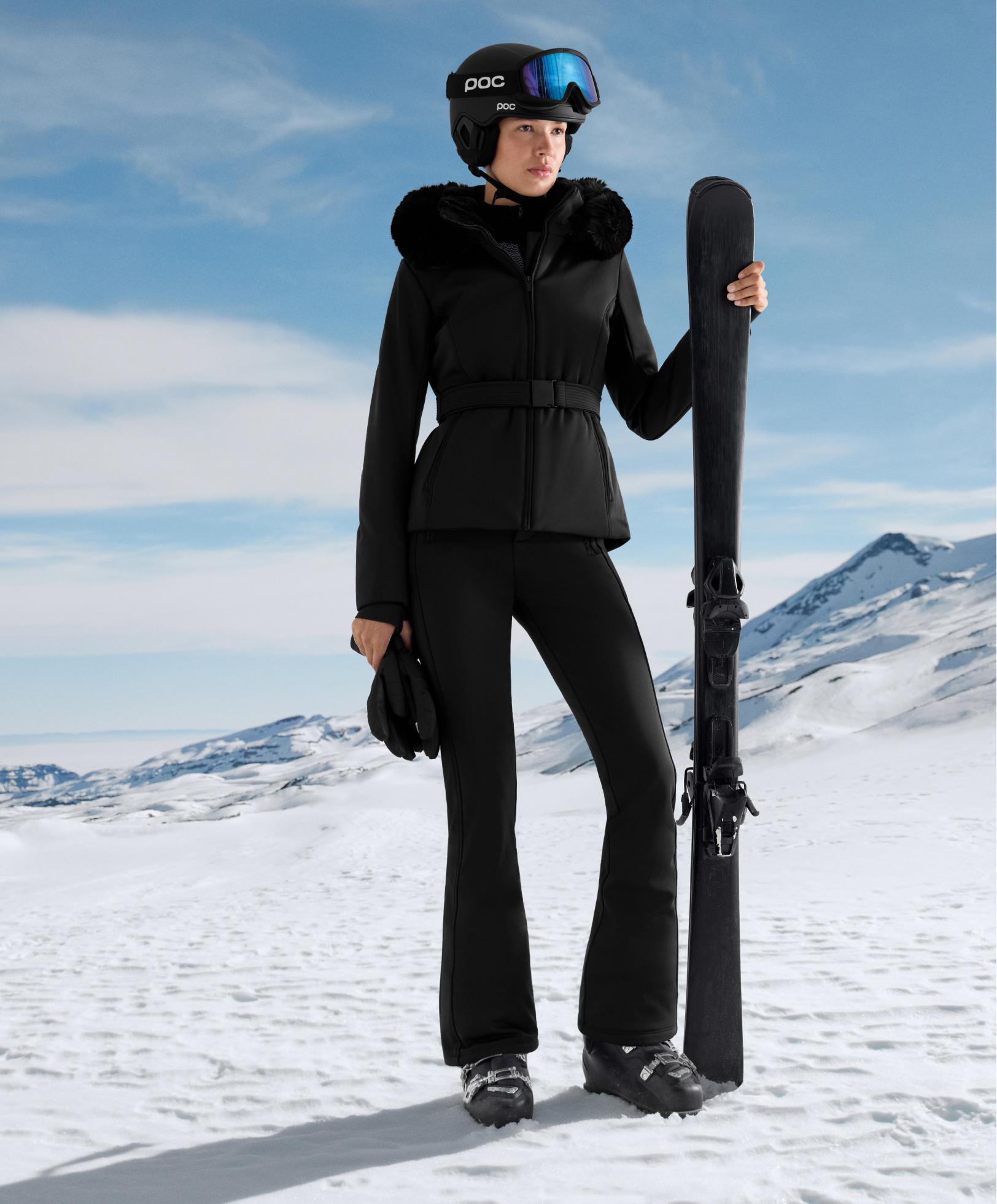 Water-resistant full length flare stretch SKI trousers — BLACK