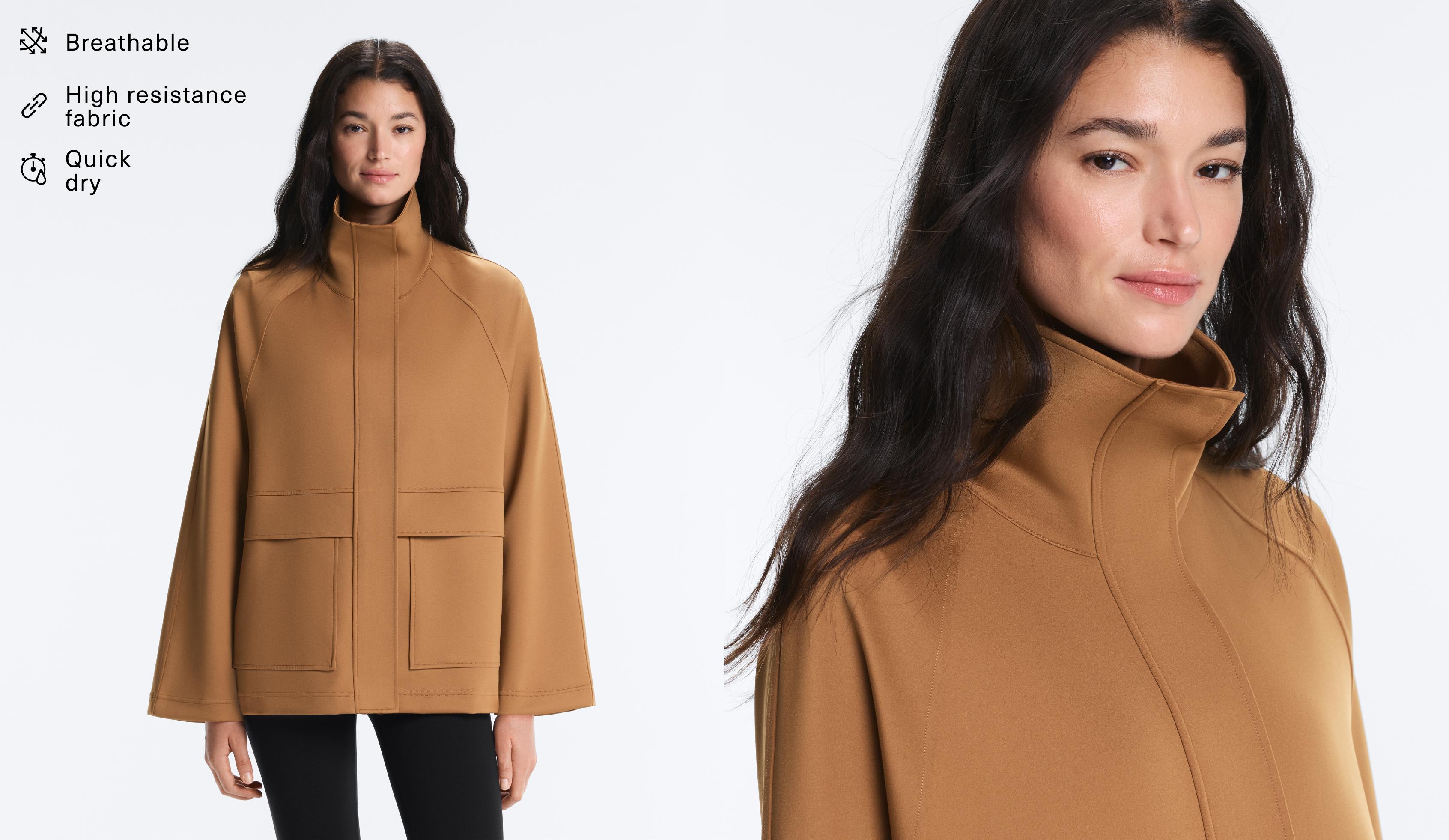 Long neoprene-effect jacket — PALE BROWN