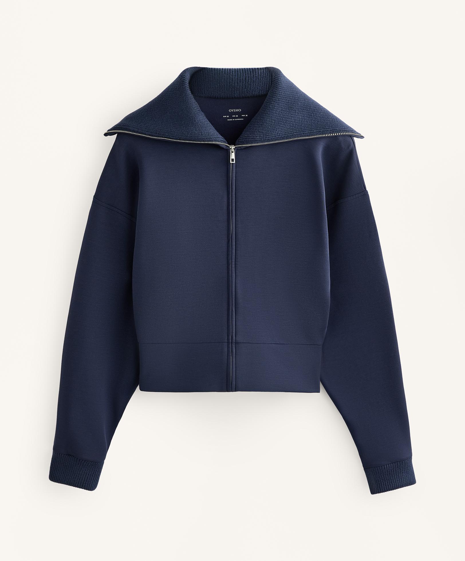 Fitted waist knit collar jacket with brushed modal — NAVY BLUE