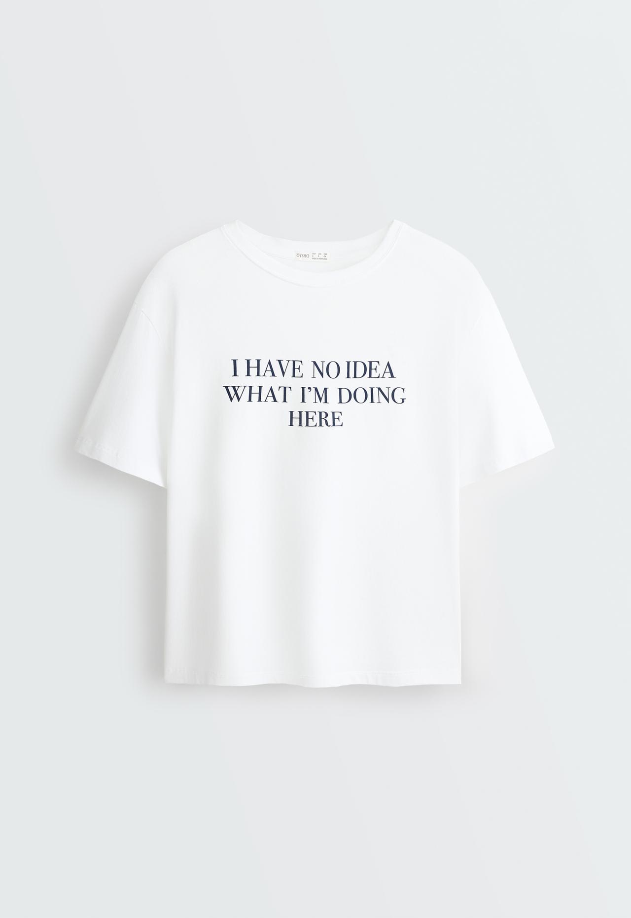 Boxy short-sleeved cotton blend T-shirt with slogan — WHITE