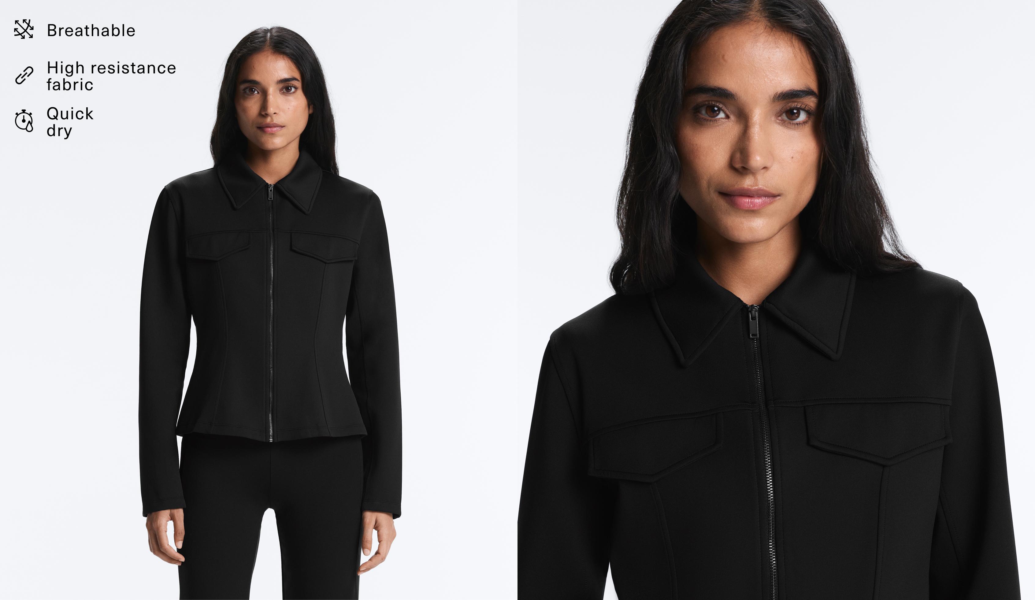Neoprene-effect peplum jacket with ribbing — BLACK