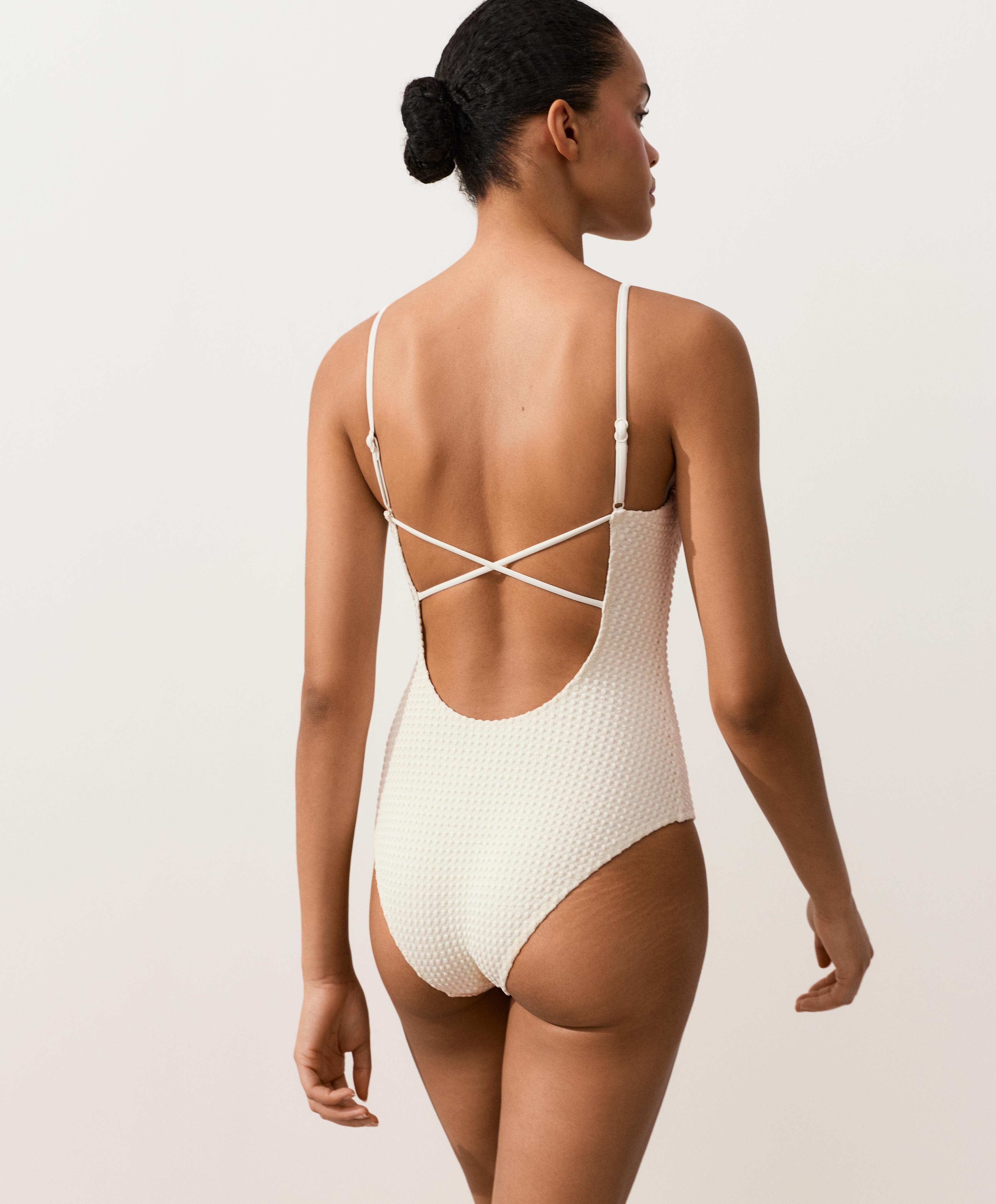 Bubble-texture crochet round neck swimsuit — ECRU