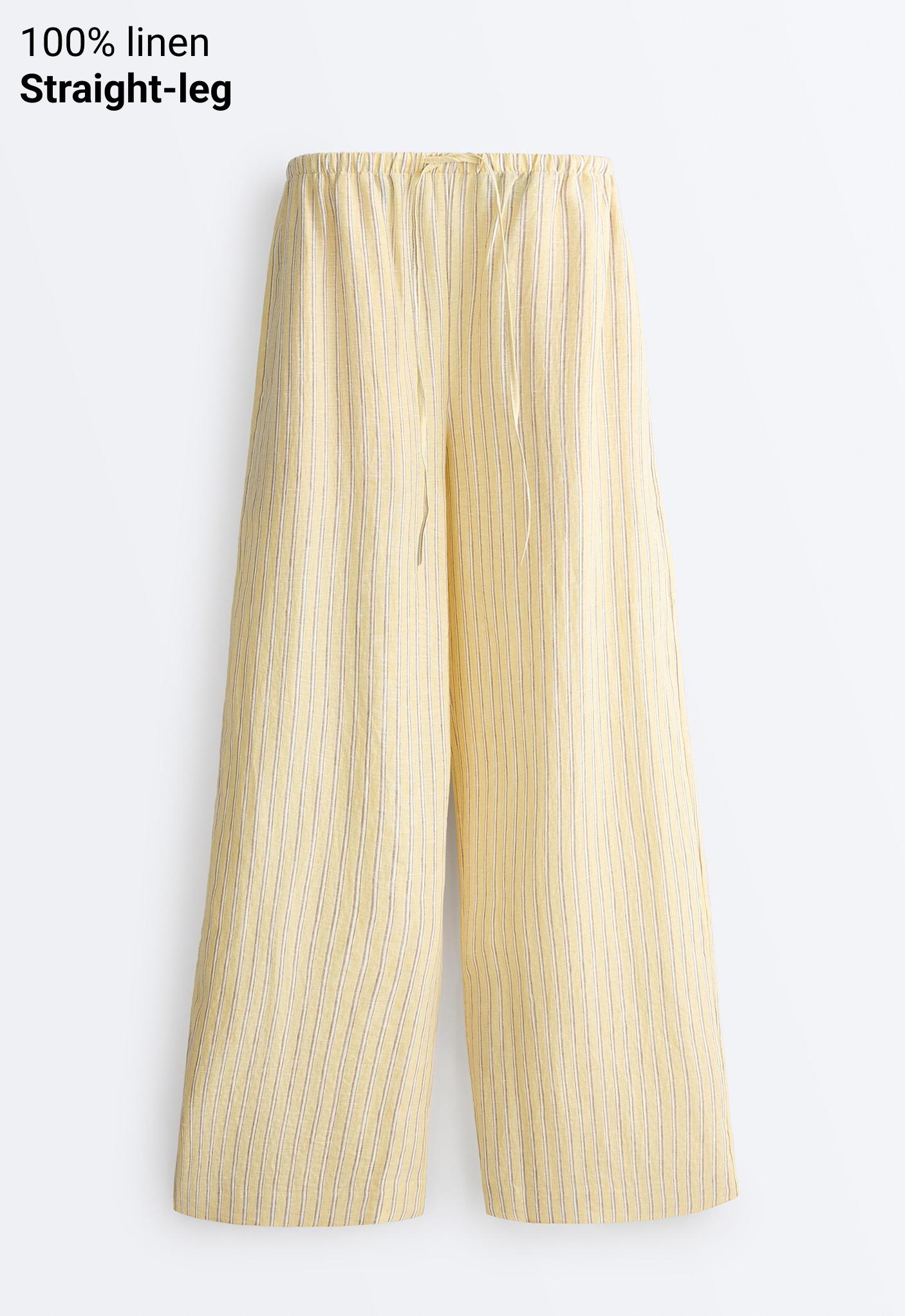 100% linen straight-leg print stripe trousers — SOFT YELLOW