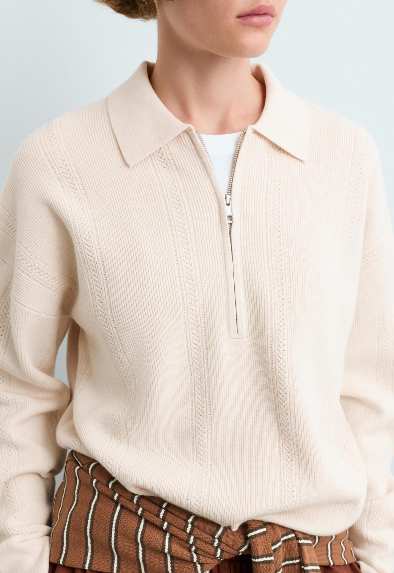 Long-sleeved open-knit polo shirt — ECRU