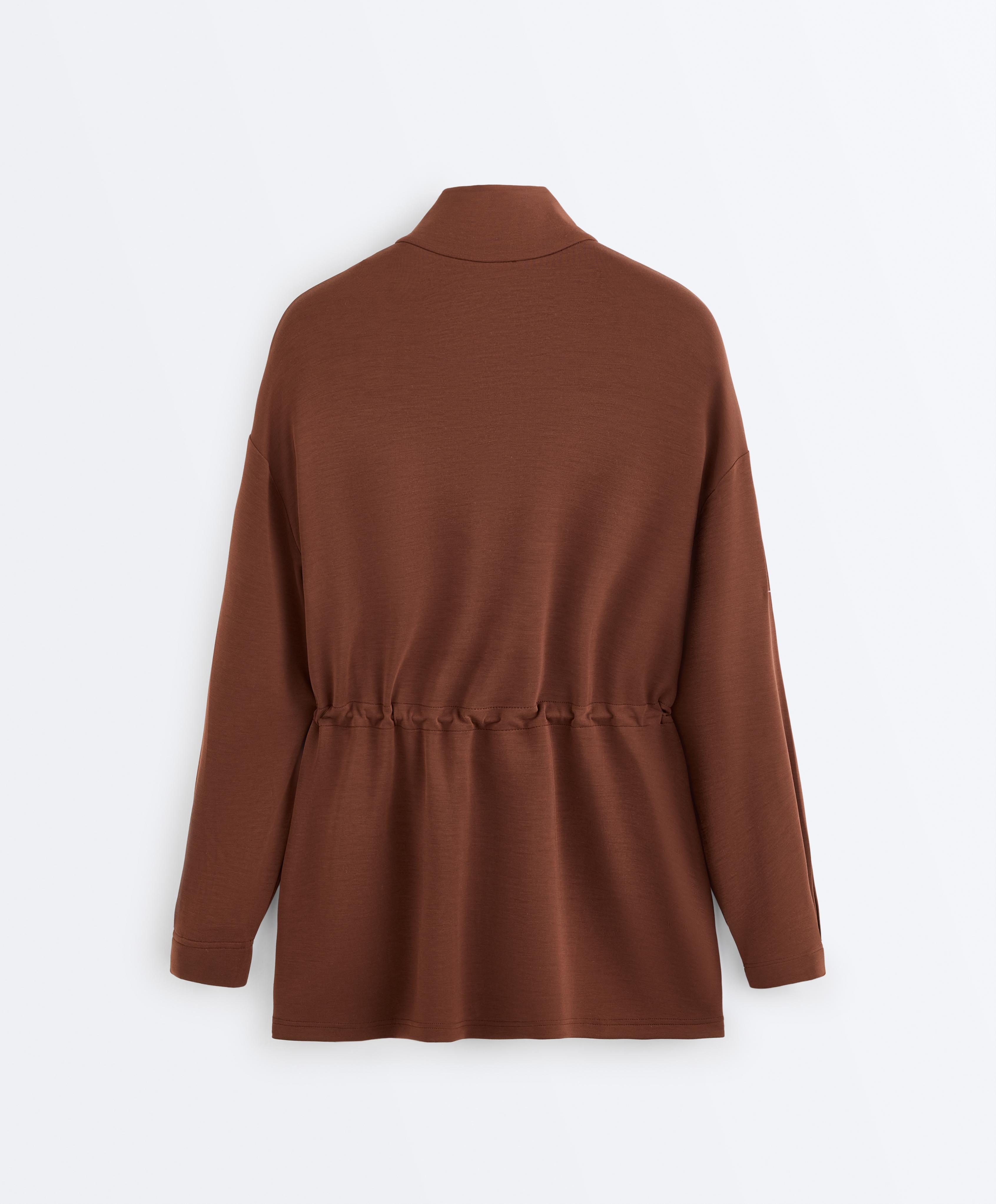 Long soft-touch modal jacket with pockets — COFFEE