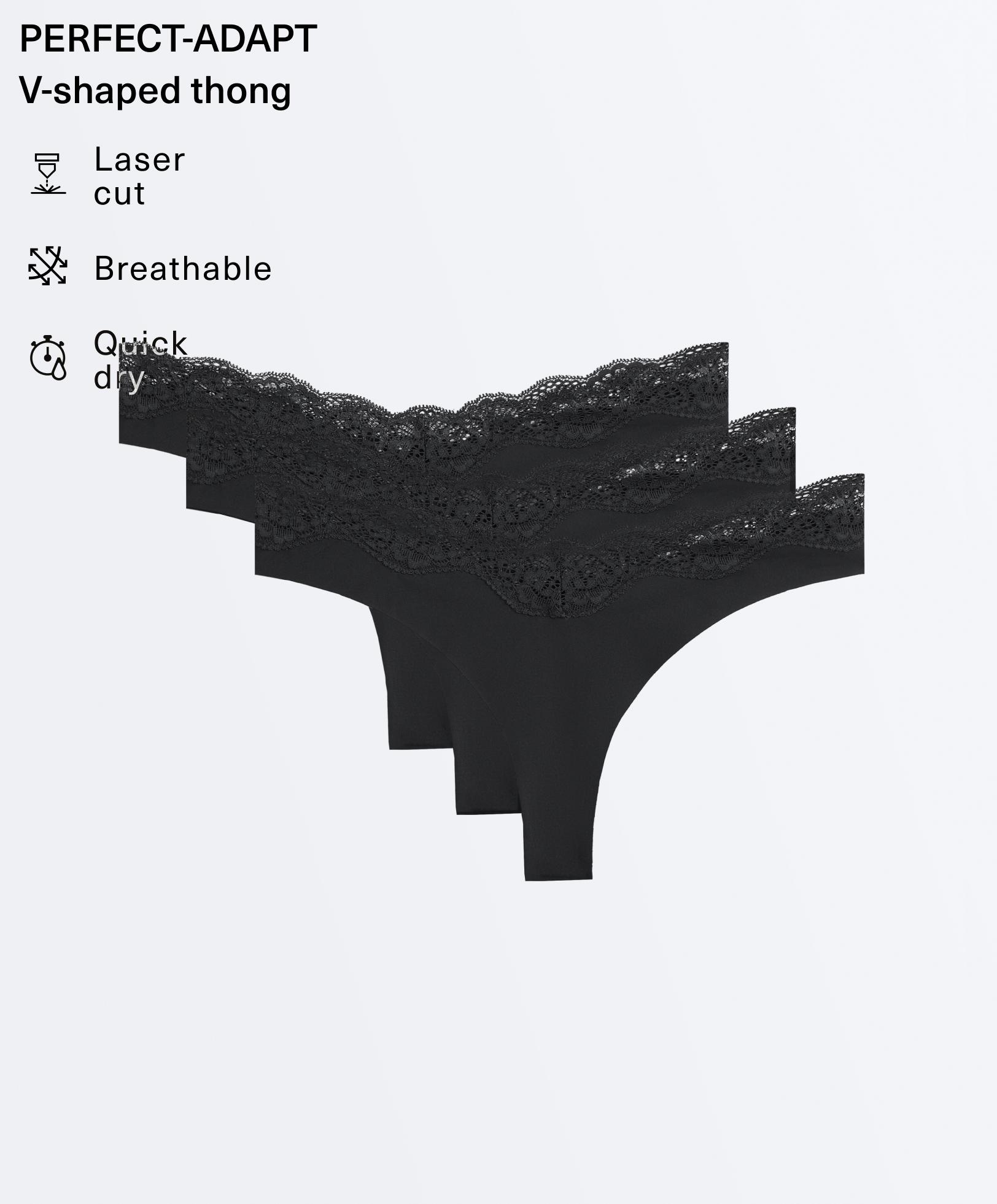 3 laser-cut V-cut lace polyamide blend thongs — BLACK