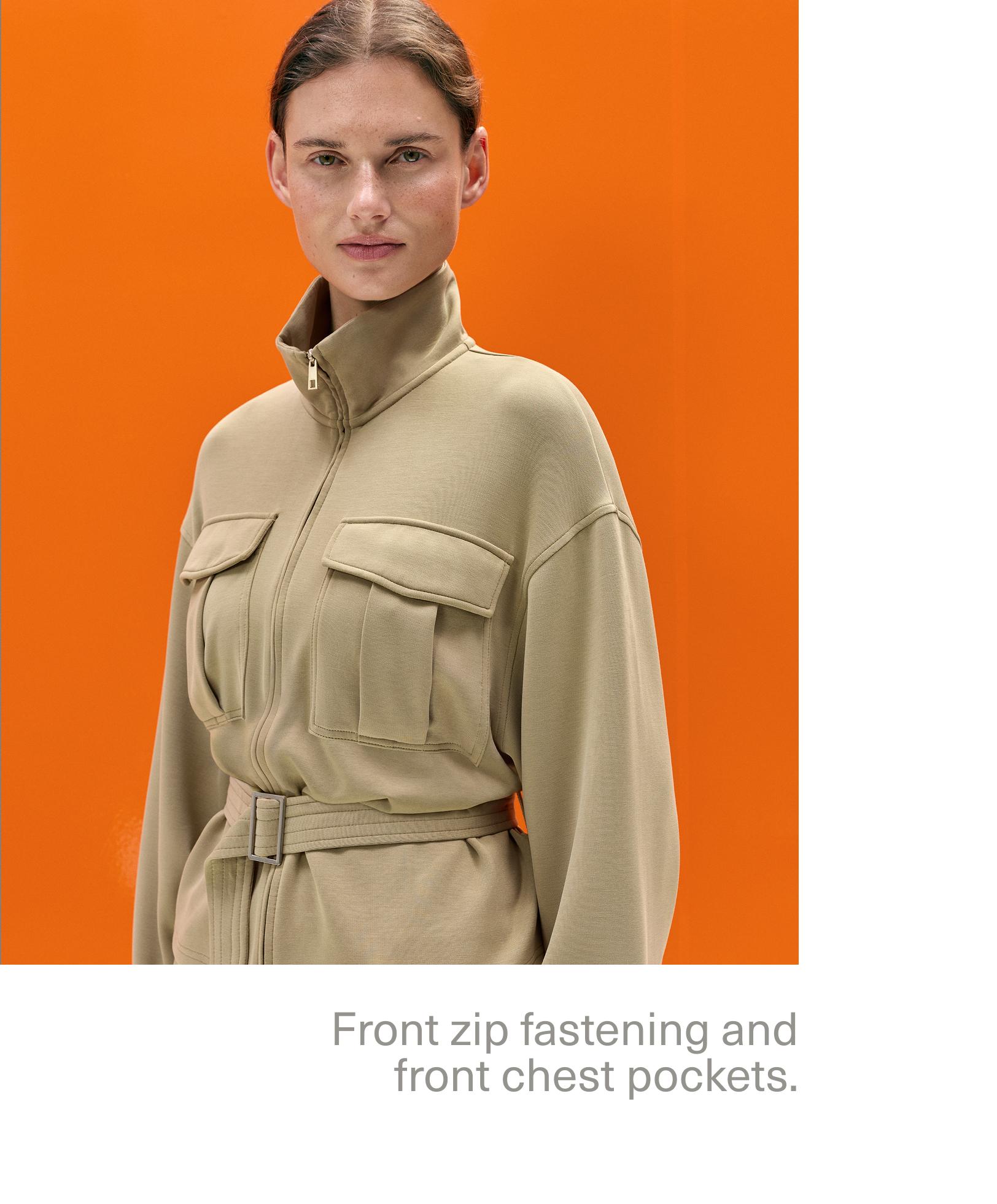 Soft-touch belted jacket with modal — GREEN BEIGE