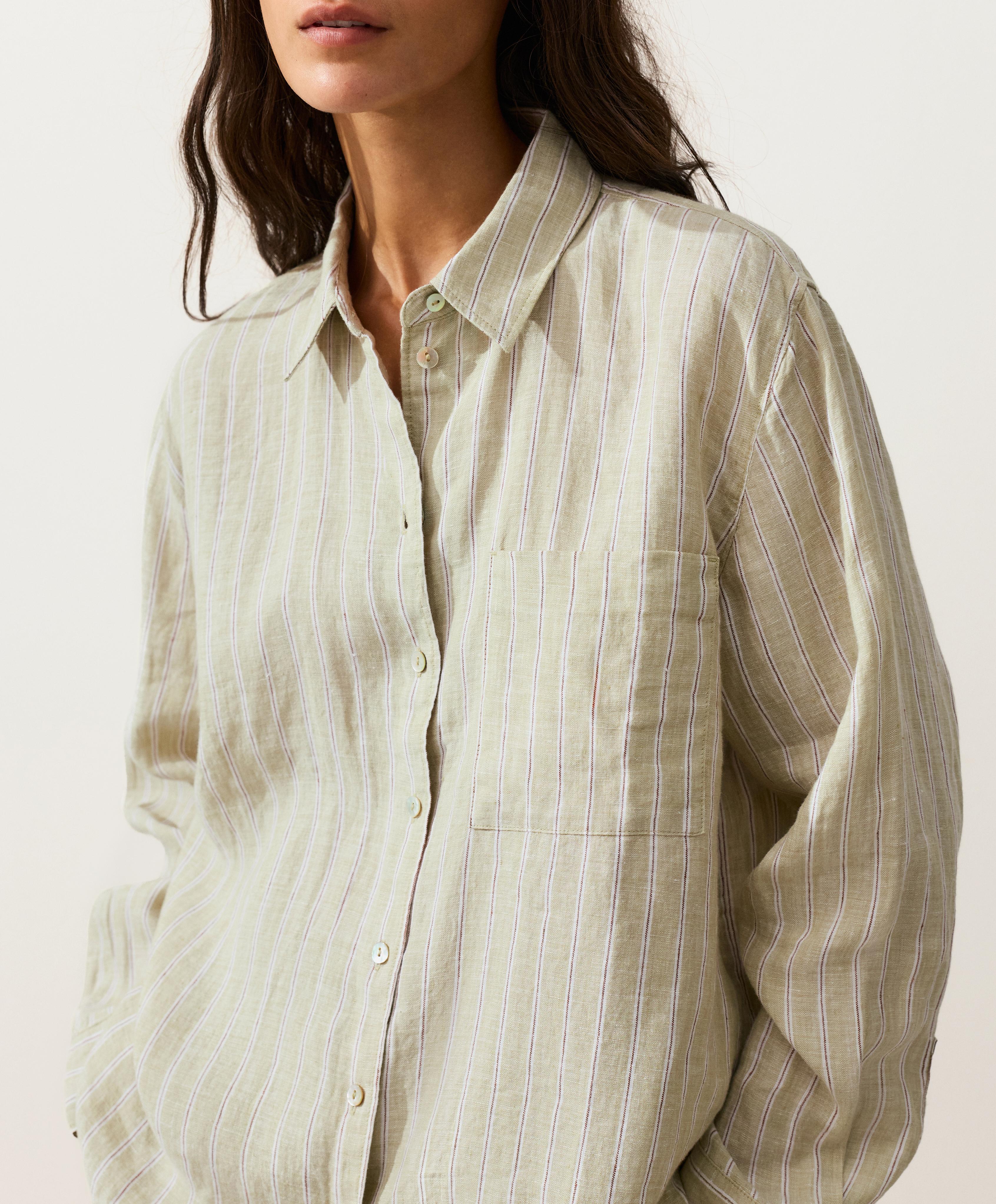 Striped 100% linen relaxed shirt — PALE PISTACHIO