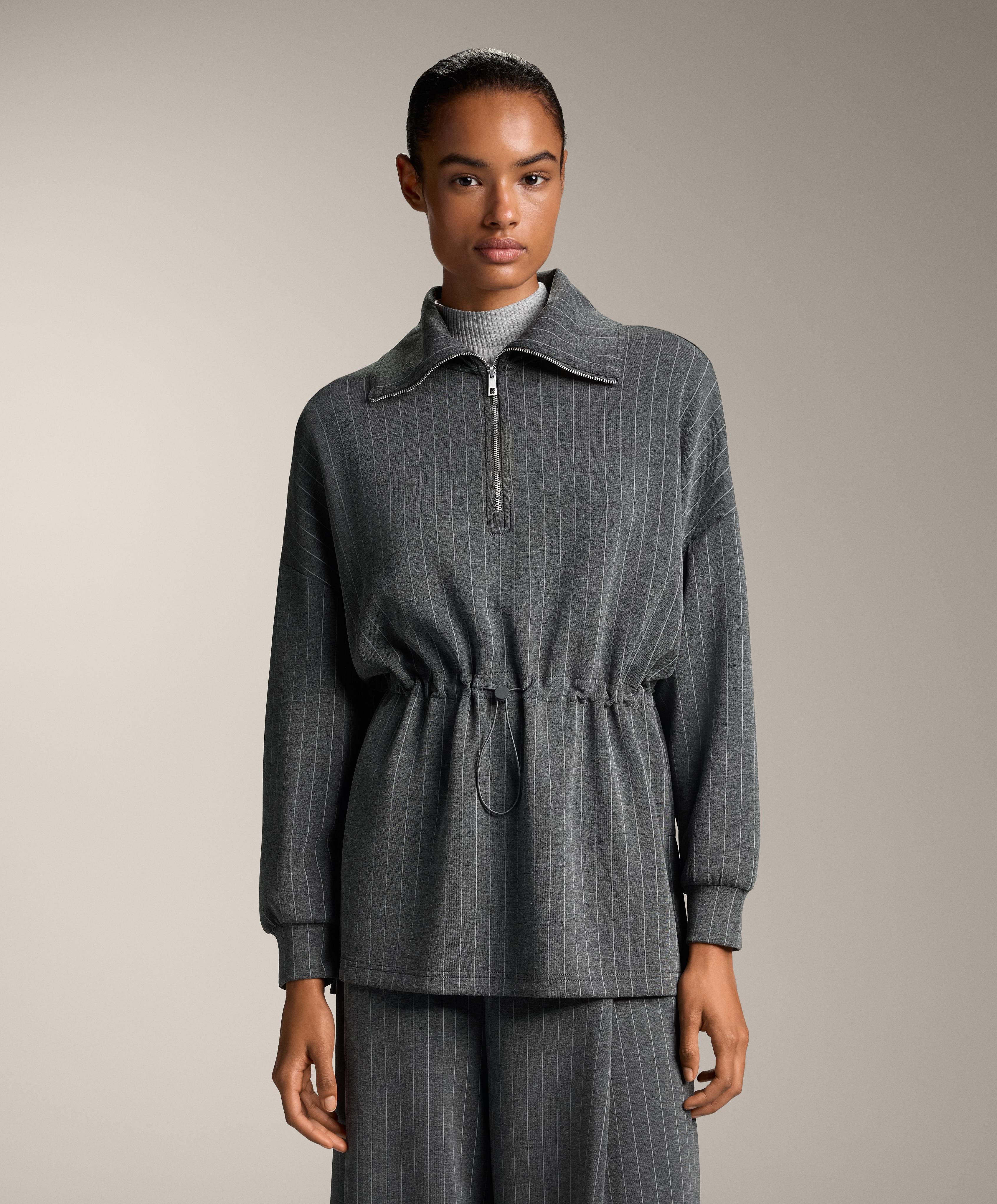 Long striped jacket with adjustable waist and soft-touch modal