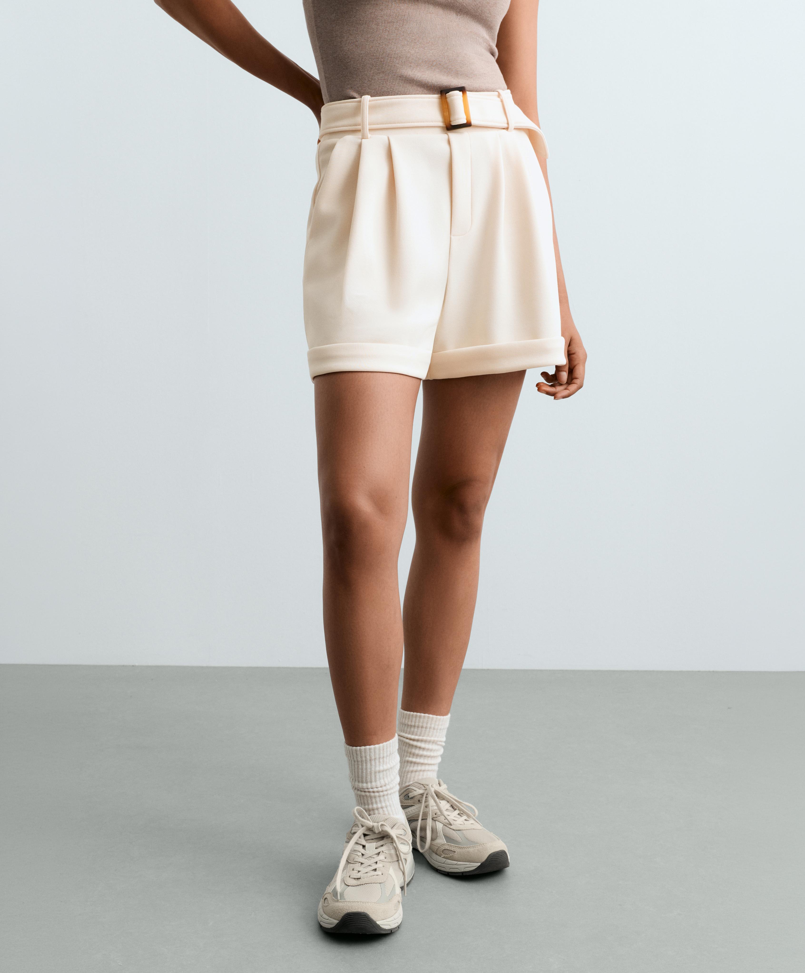 Cotton piqué belted shorts — PALE ECRU