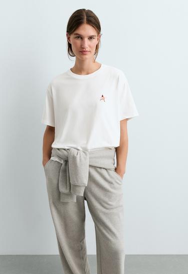 Embroidered boxy cotton blend T-shirt — WHITE  2