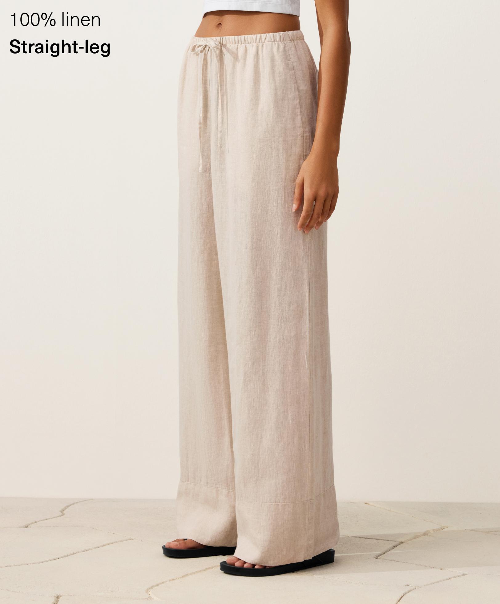 100% linen straight-leg print trousers