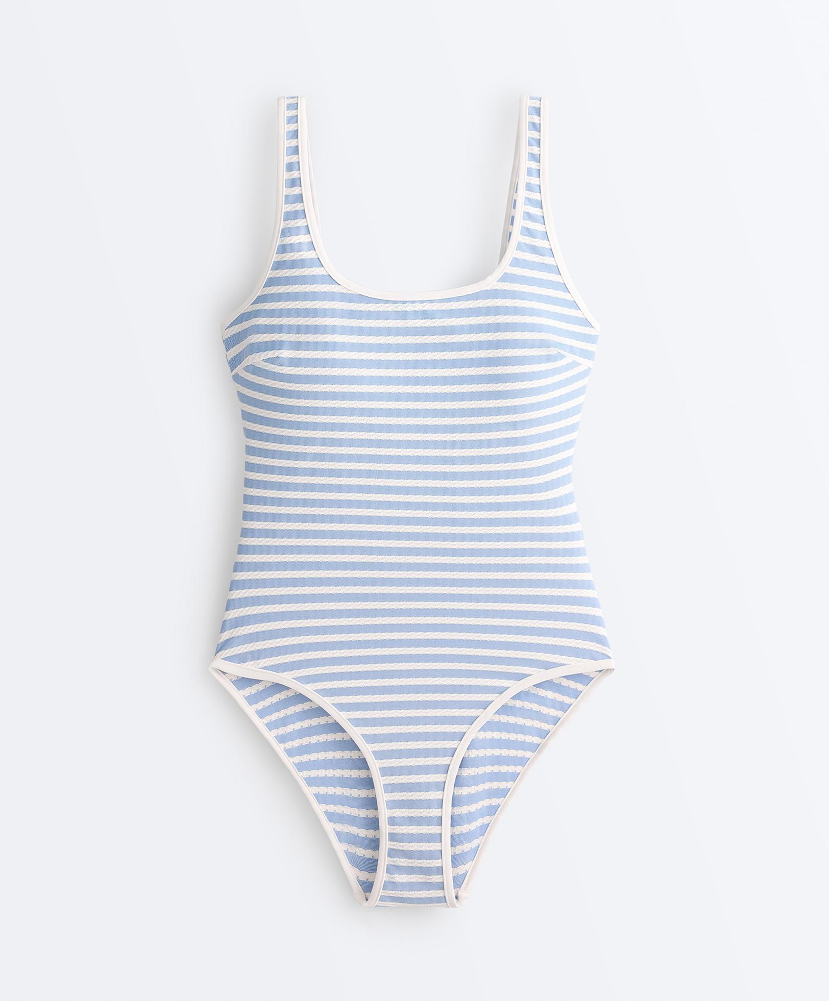 Textured stripe round-neck swimsuit — WASHED SKY BLUE