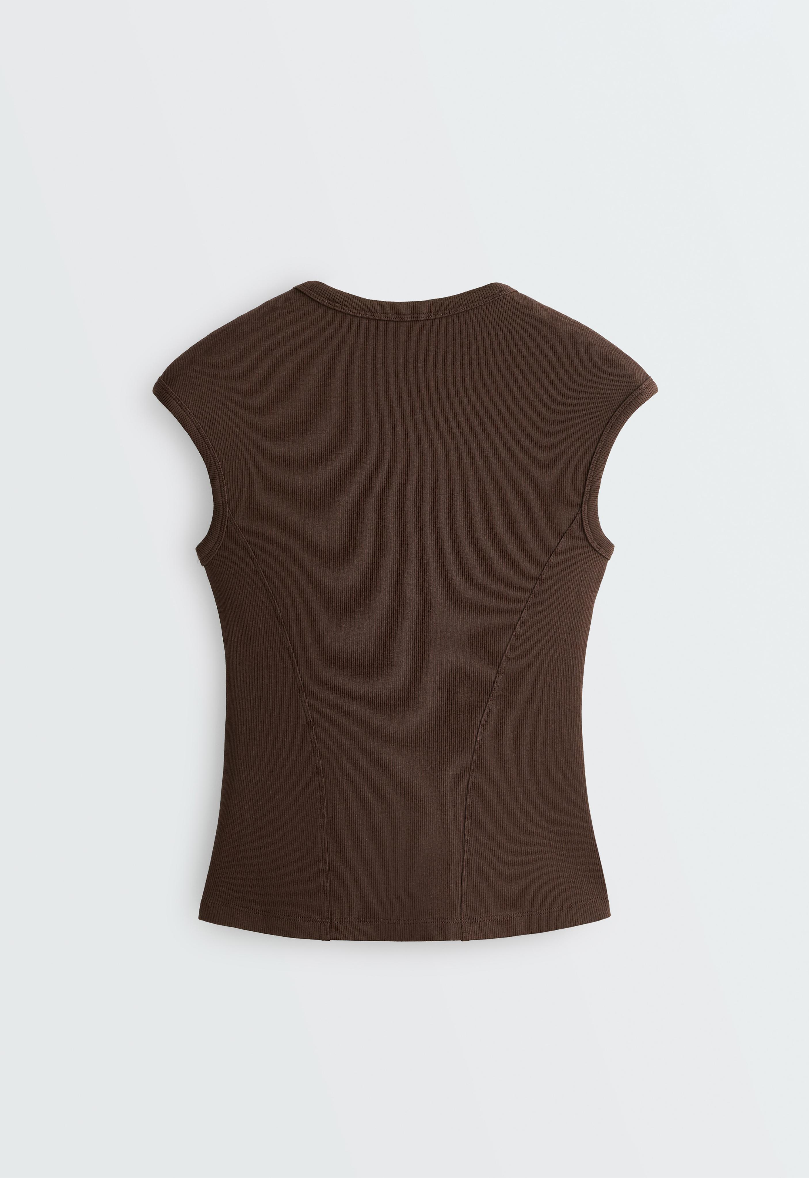Short-sleeved rib top with cotton and modal — DARK BROWN