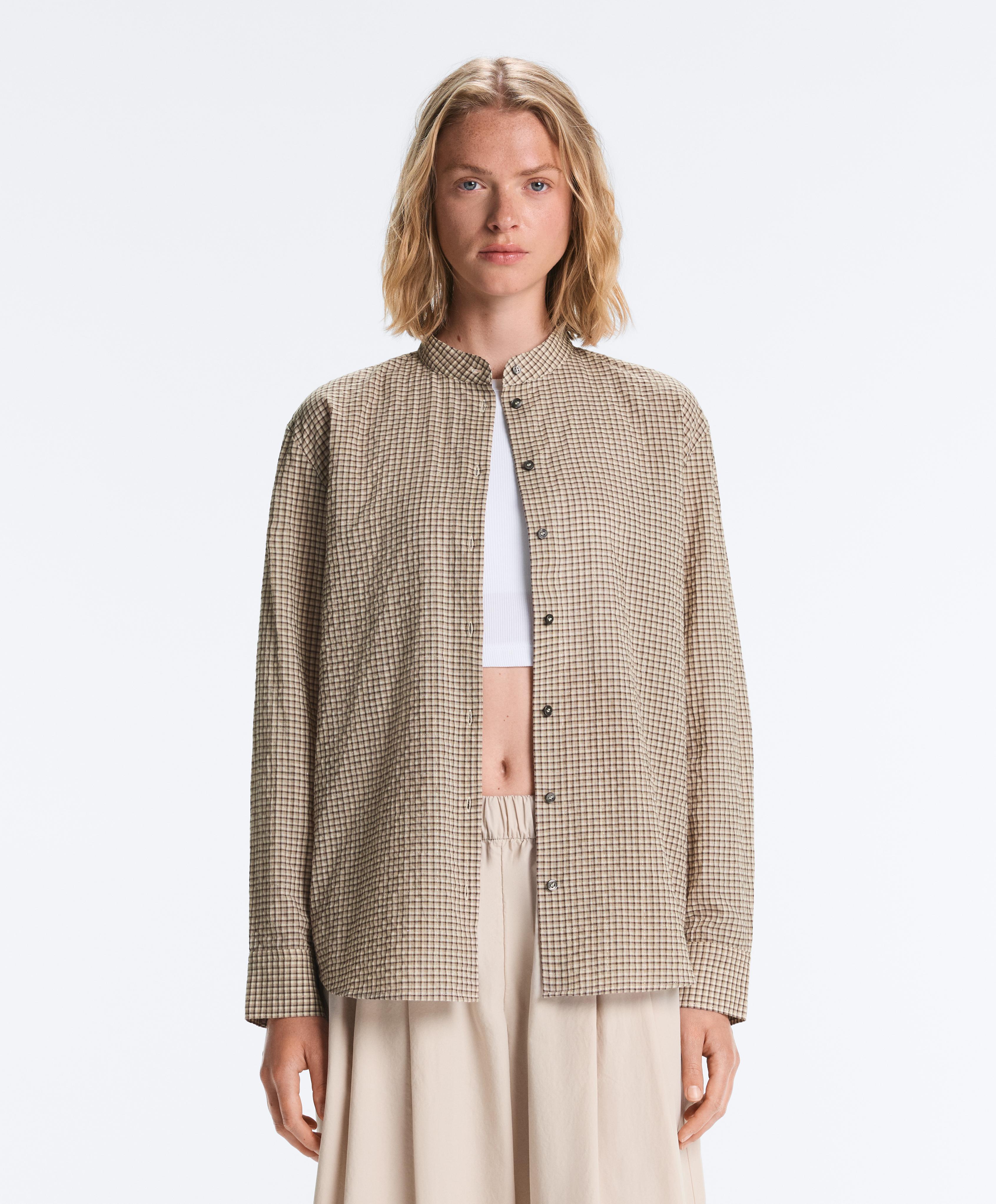 Check cotton blend stand-up collar shirt — BEIGE