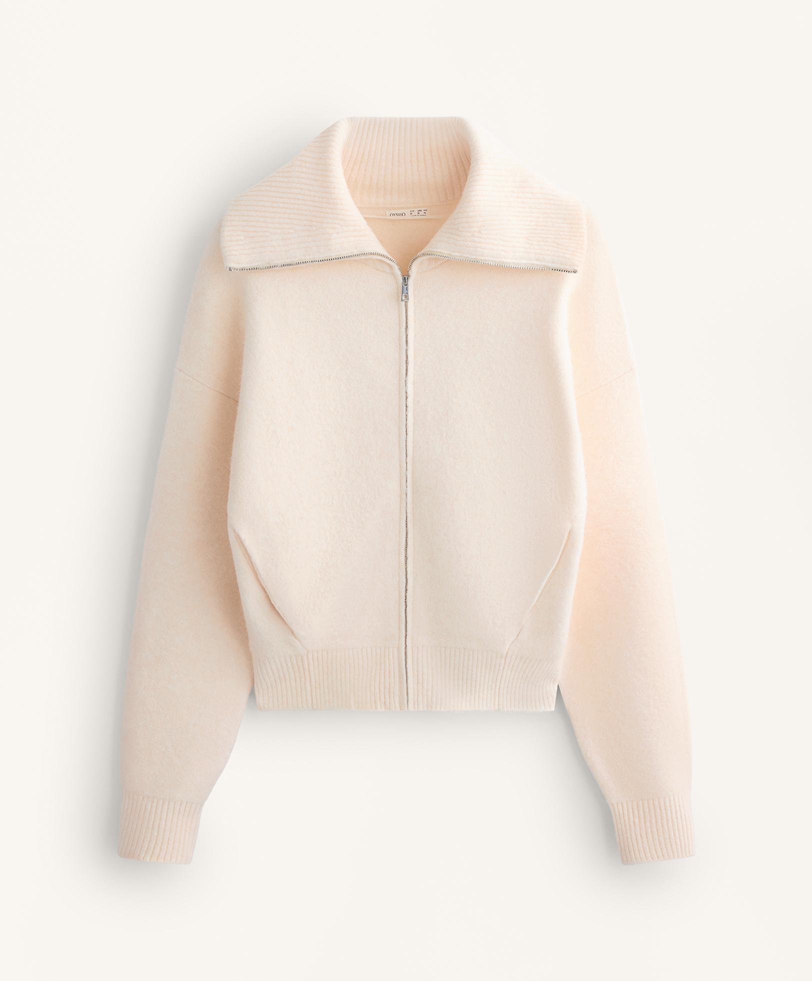 Knit jacket with high collar — ECRU