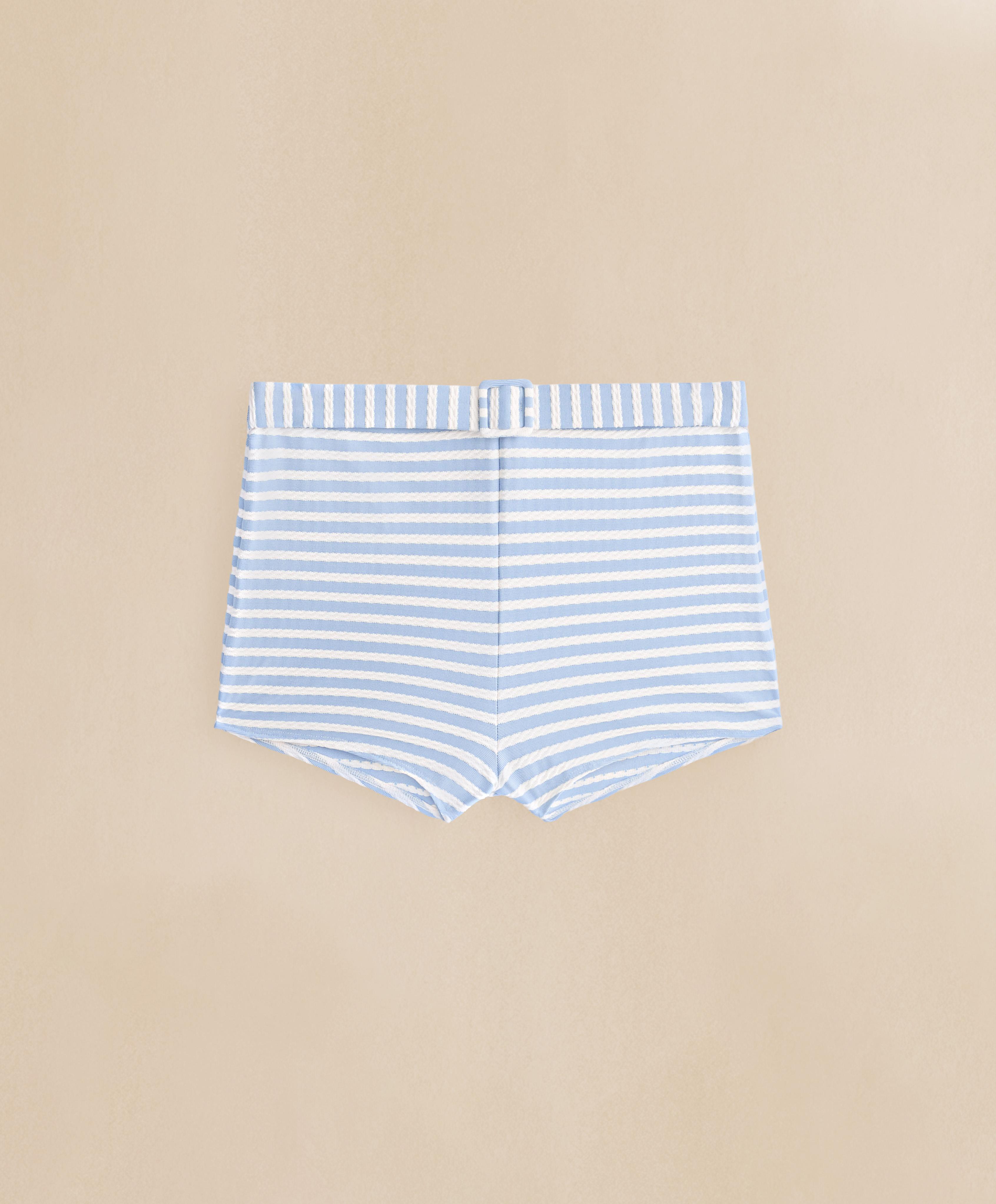 Striped textured high-waisted bikini shorts with belt detail — WASHED SKY BLUE