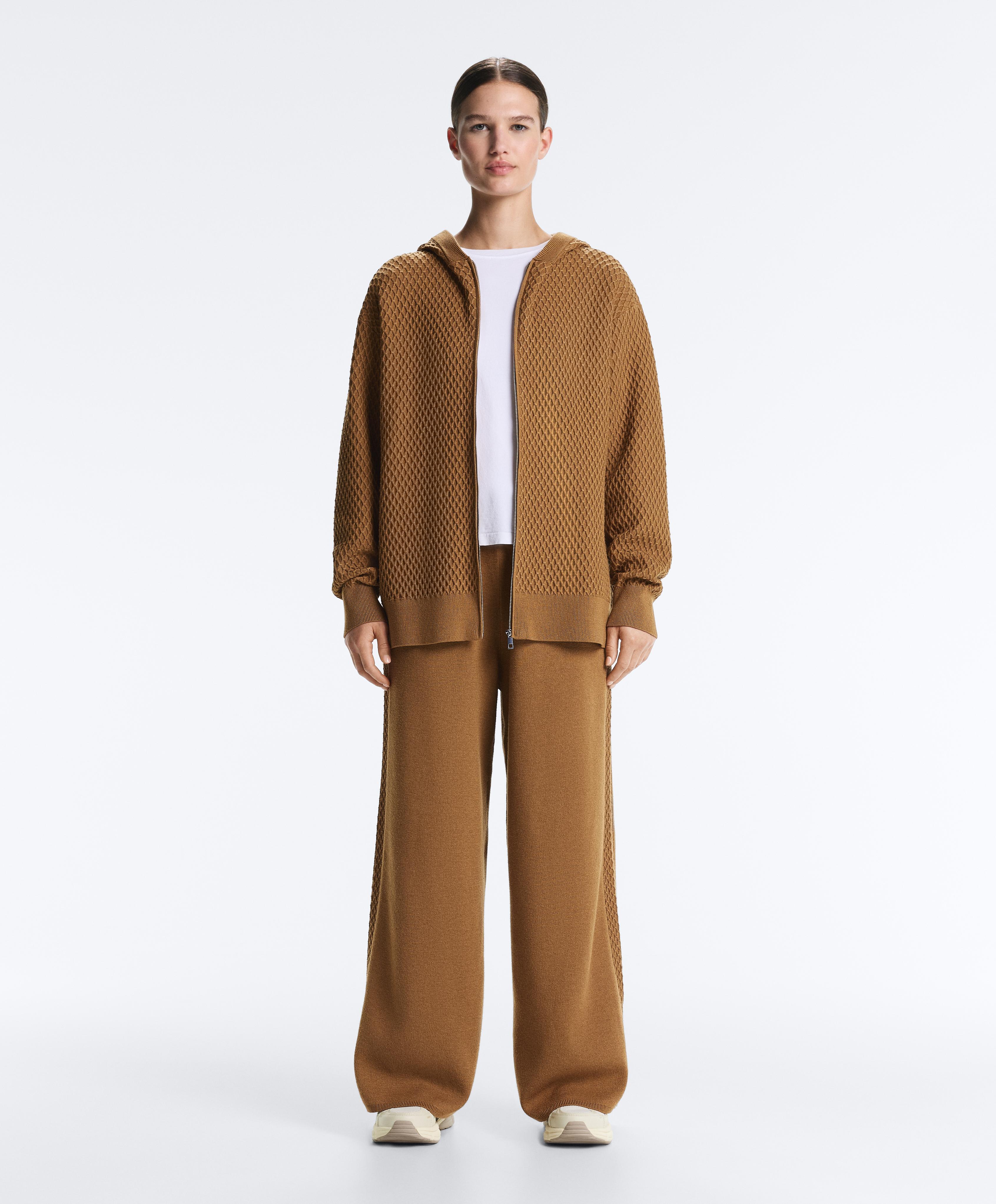 Long structured knit jacket with hood — COPPER