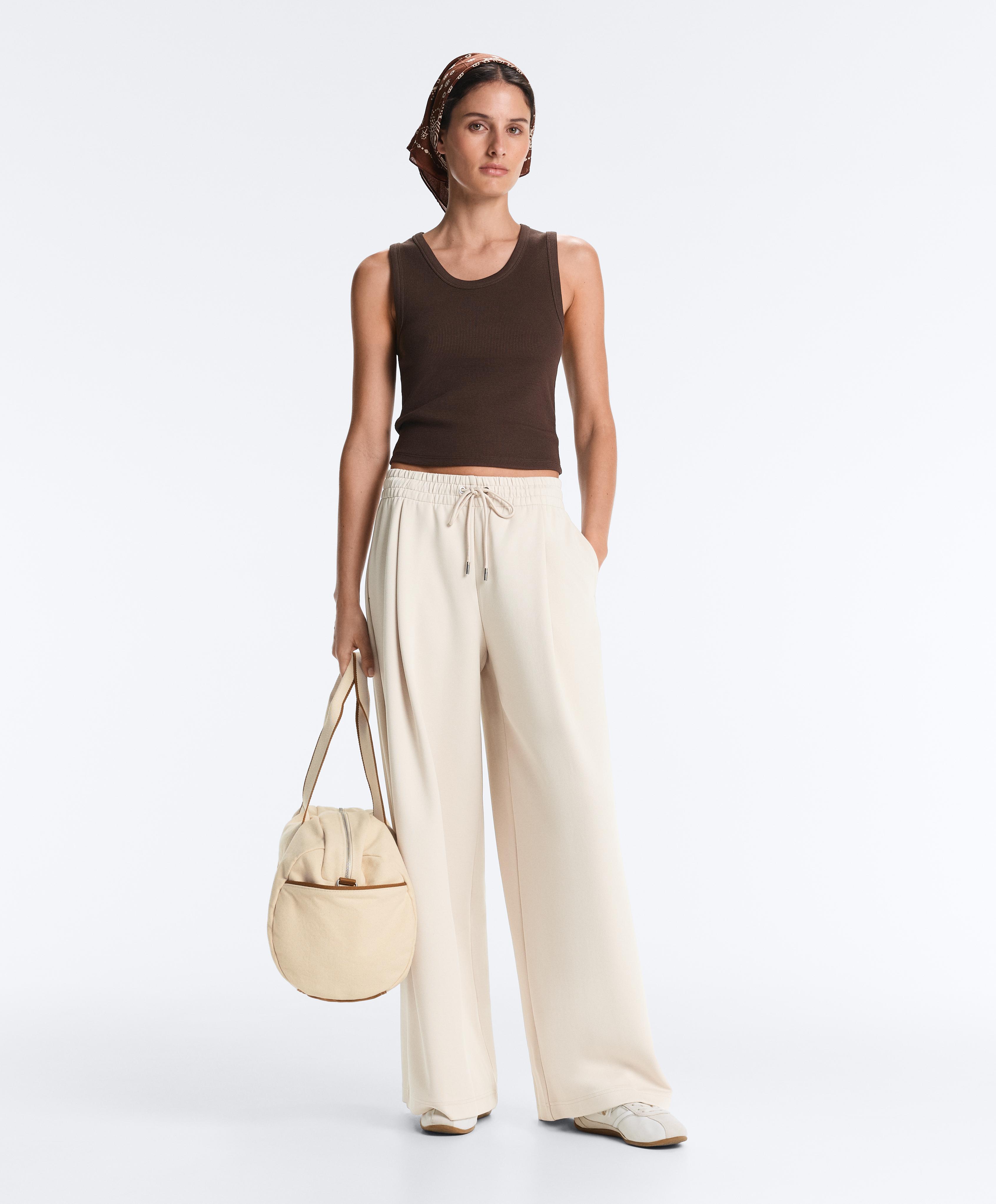Wide-leg piqué pleat trousers with cotton — PALE MINK