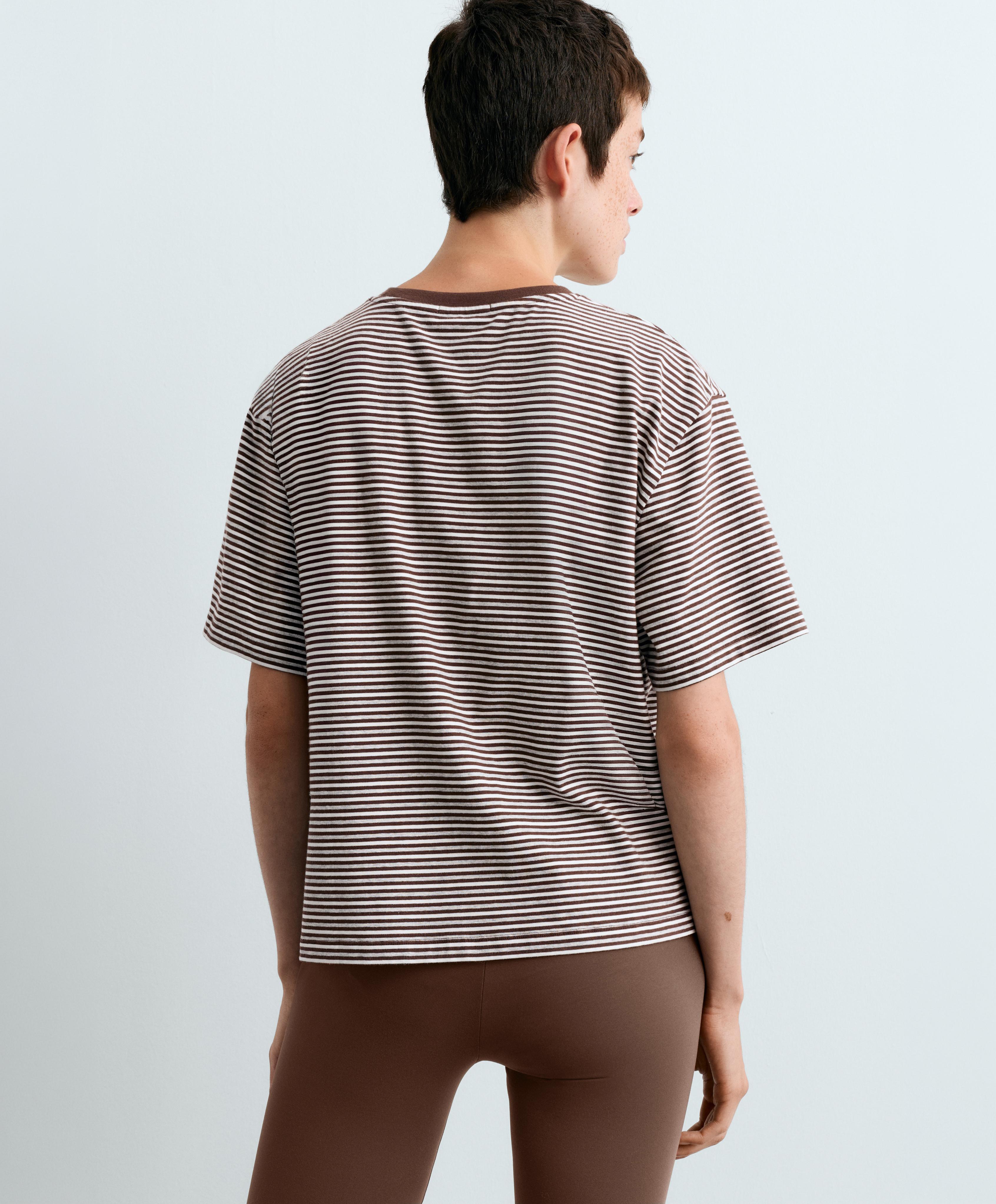 Regular fit striped cotton blend short-sleeved T-shirt — CHOCOLATE