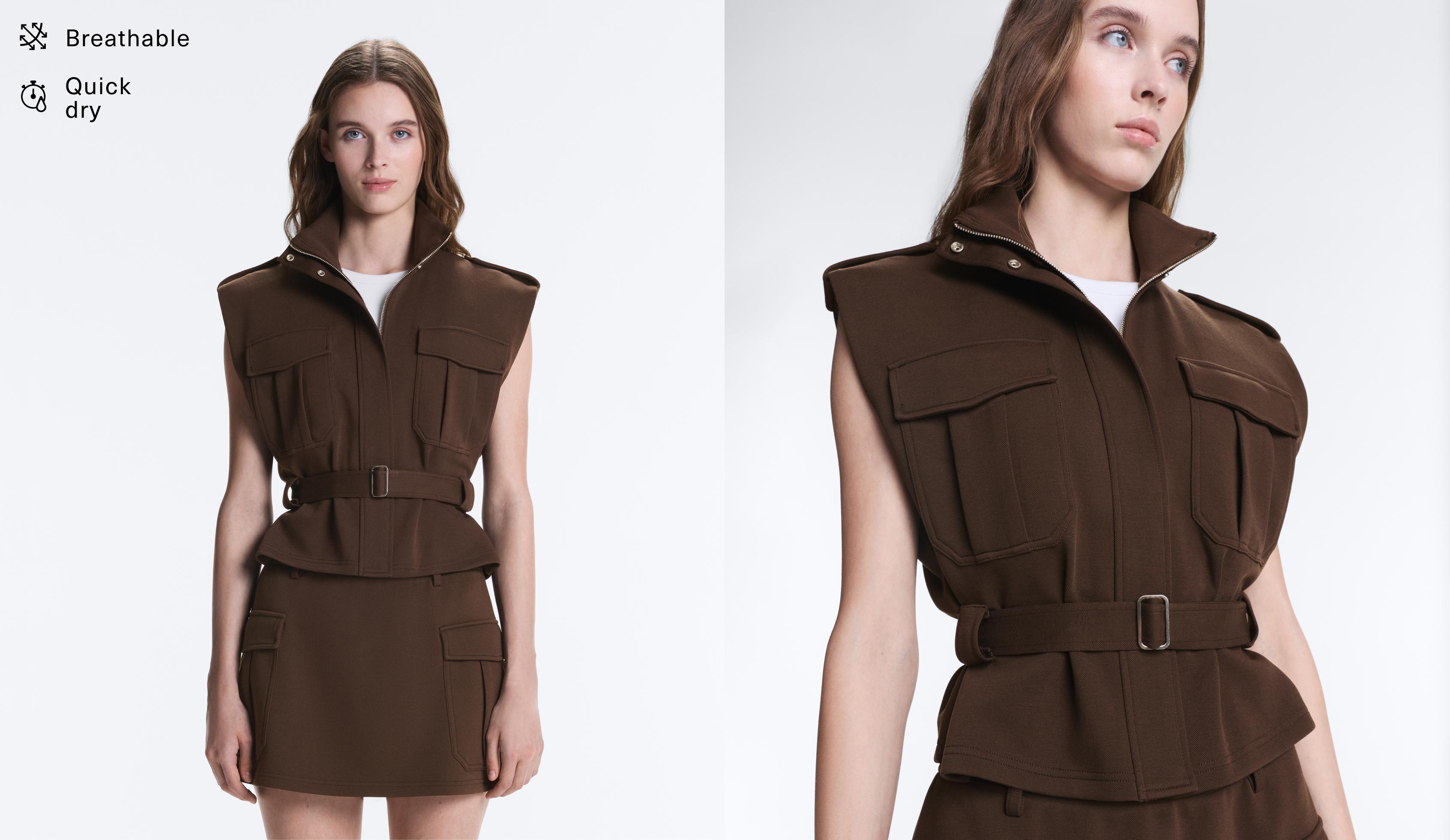 Utility piqué gilet with cotton belt — DARK BROWN