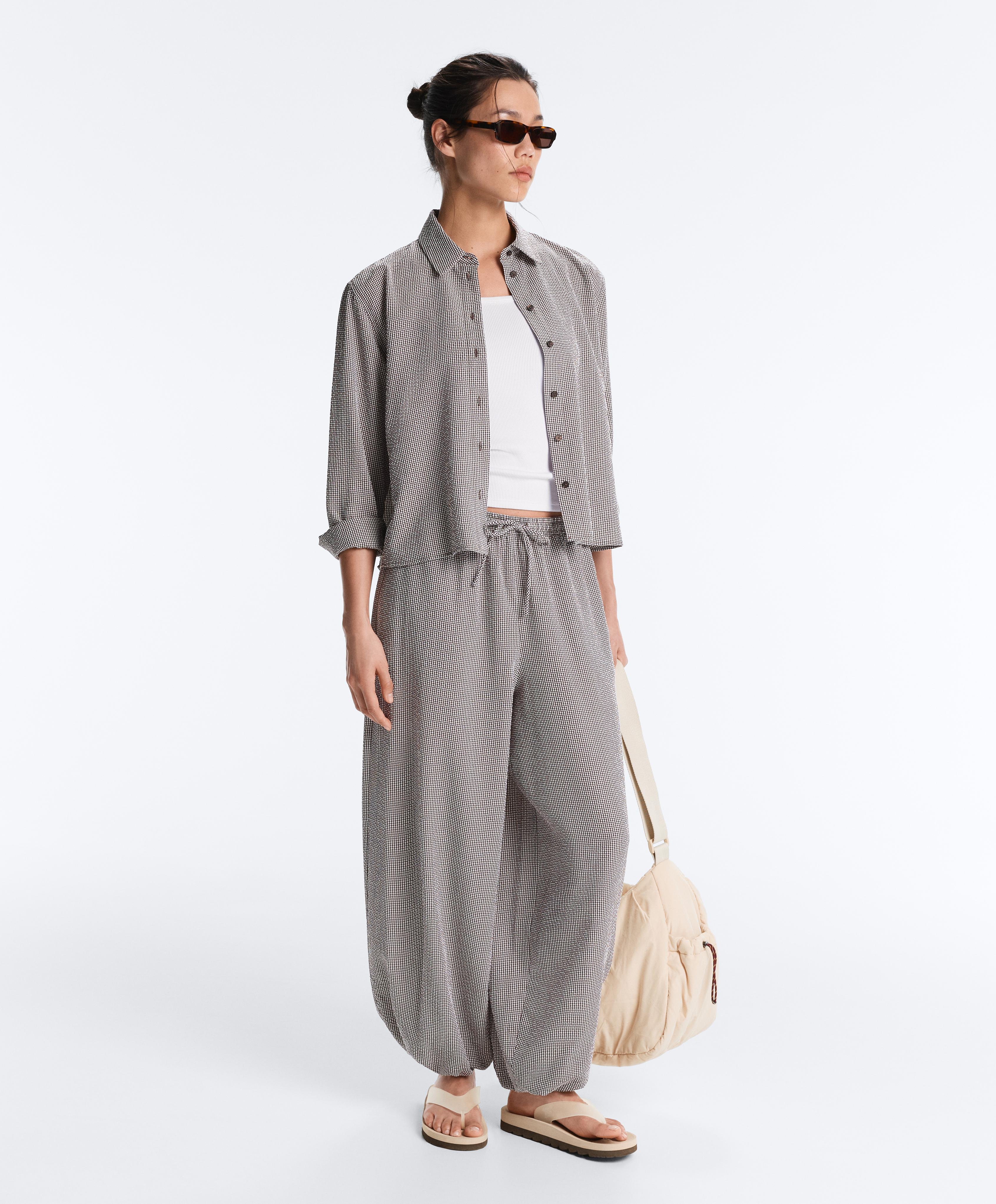 Lyocell blend gingham maxi bloomer trousers — DARK REDDISH‑BROWN