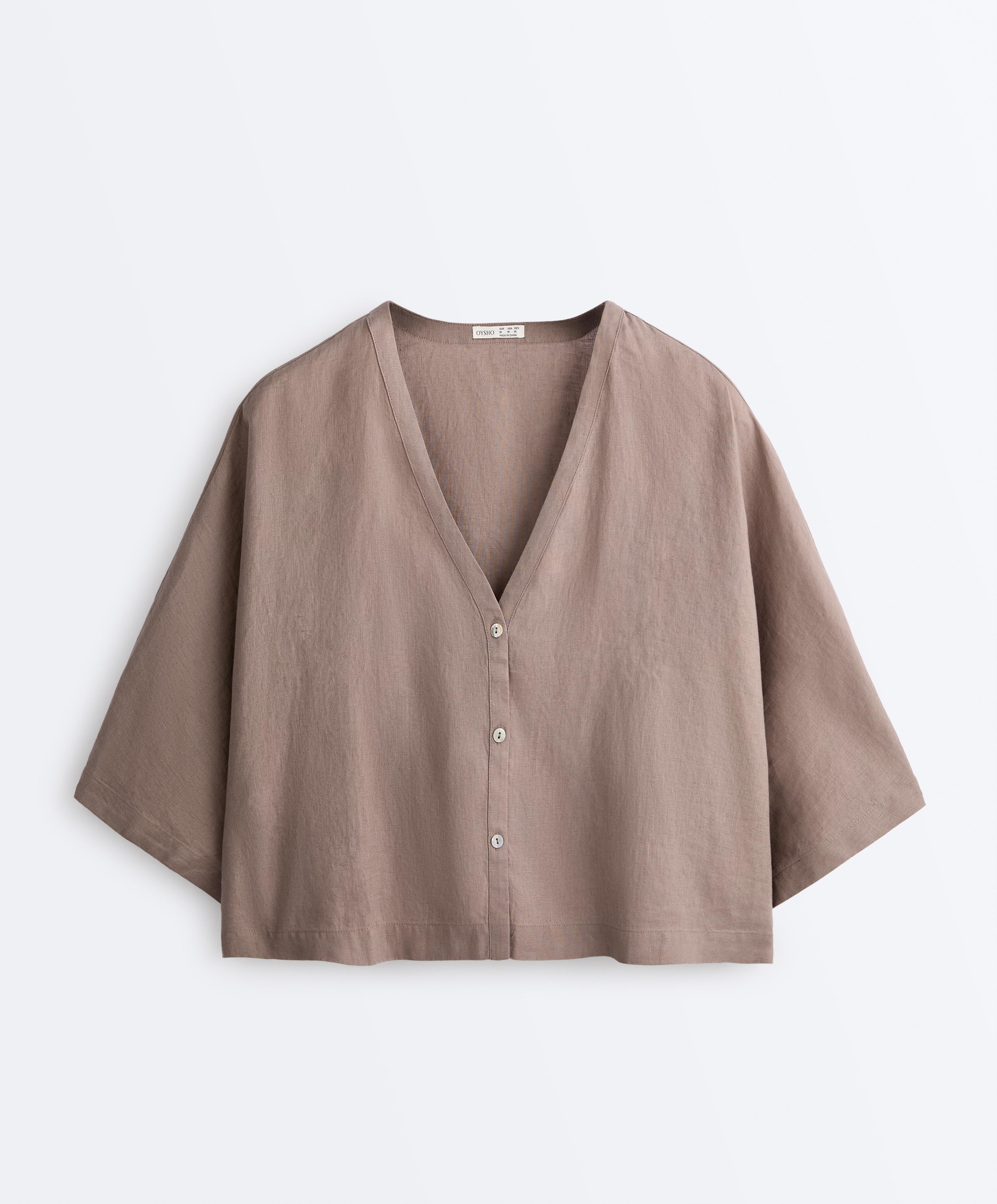 100% linen short-sleeve shirt — TAUPE-GREY