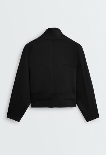 Cropped neoprene-effect jacket with belt — BLACK 7