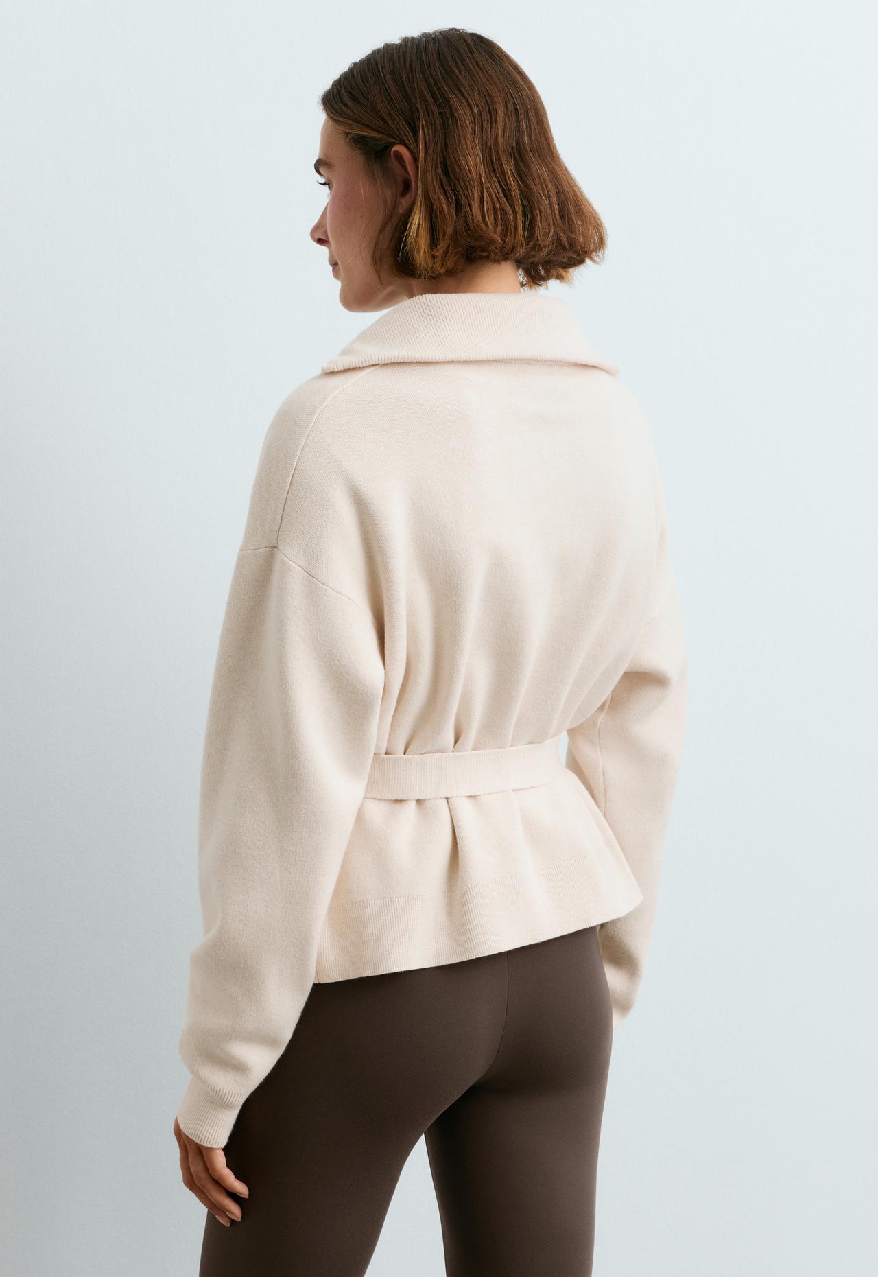 Knit jacket with high collar and belt — ECRU