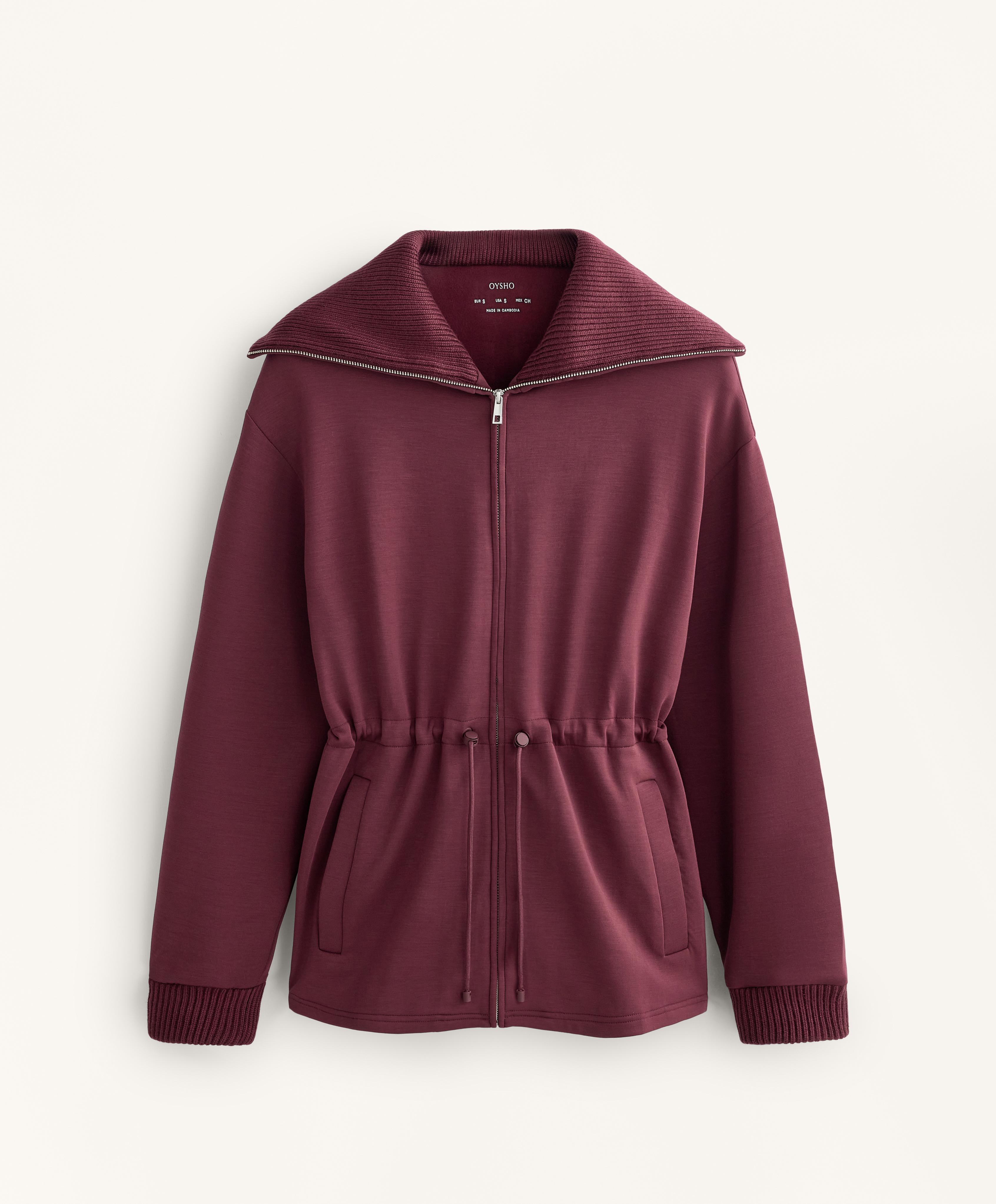 Adjustable waist knit collar jacket with brushed modal — MAROON
