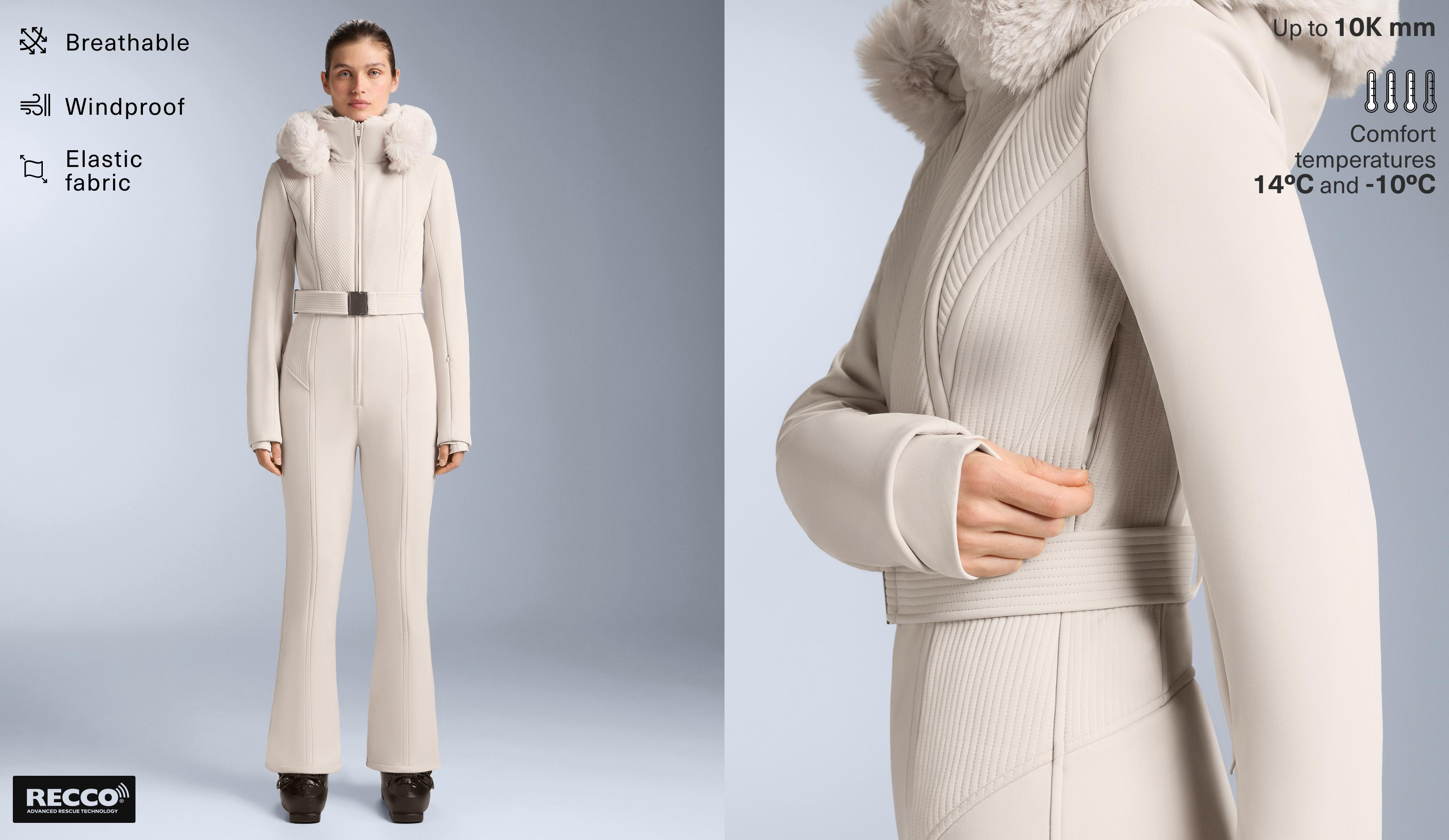 Water-resistant fitted stretch SKI jumpsuit — PALE MINK