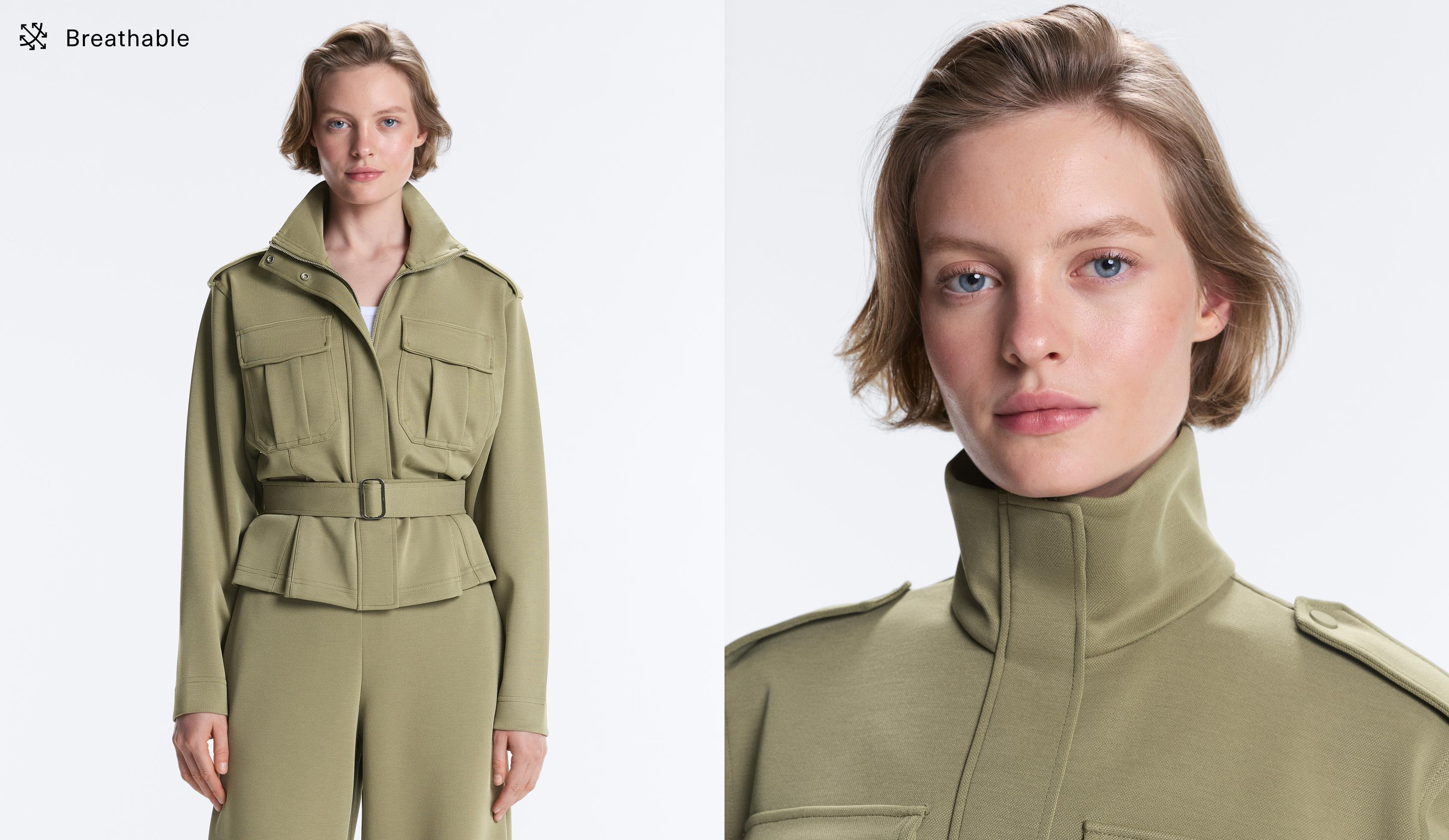 Cropped piqué utility jacket with belt — YELLOW GREEN