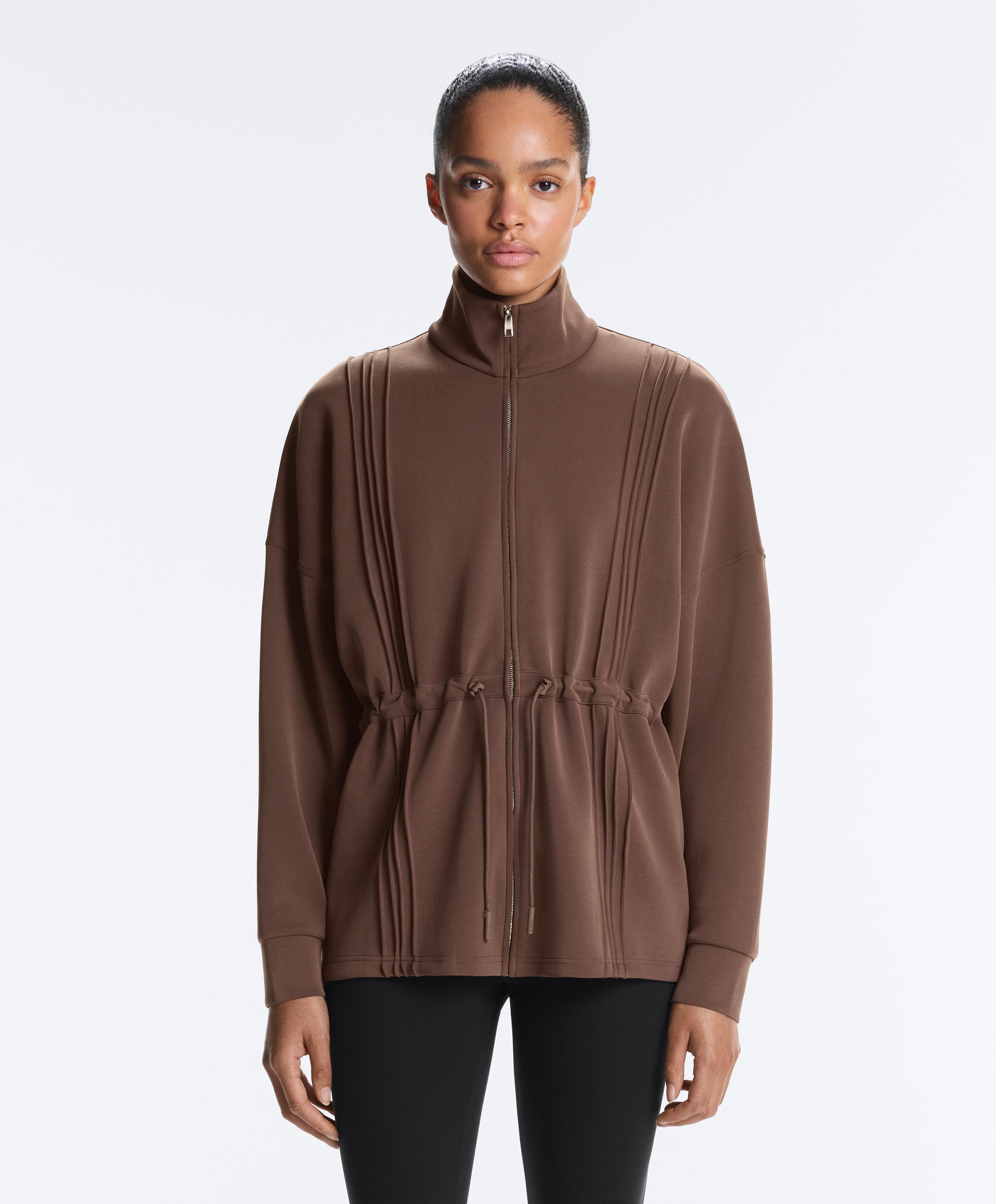 Long jacket with ribbed high neck and soft-touch modal — MID-BROWN