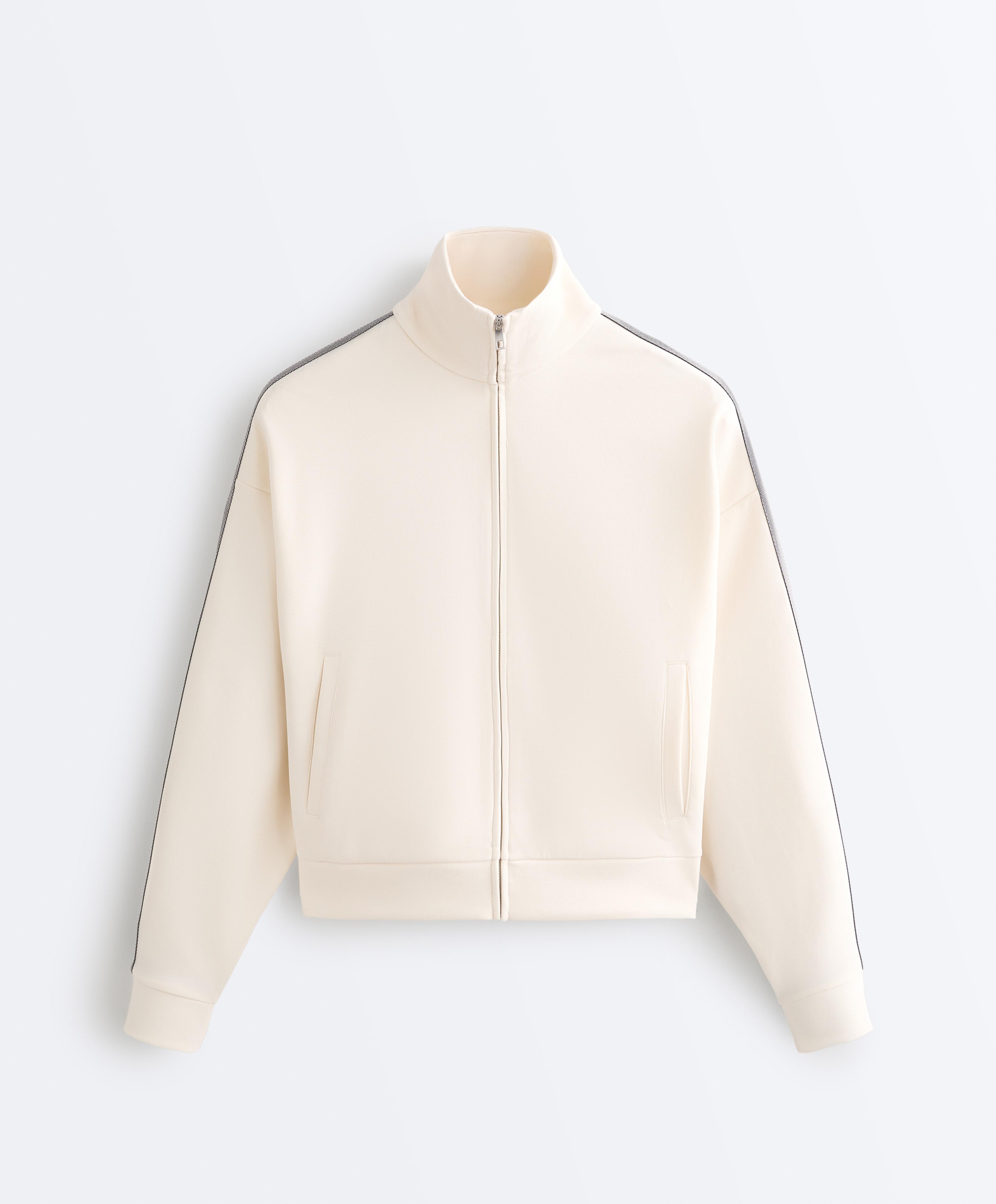 Herringbone side tape piqué cotton jacket — PALE ECRU