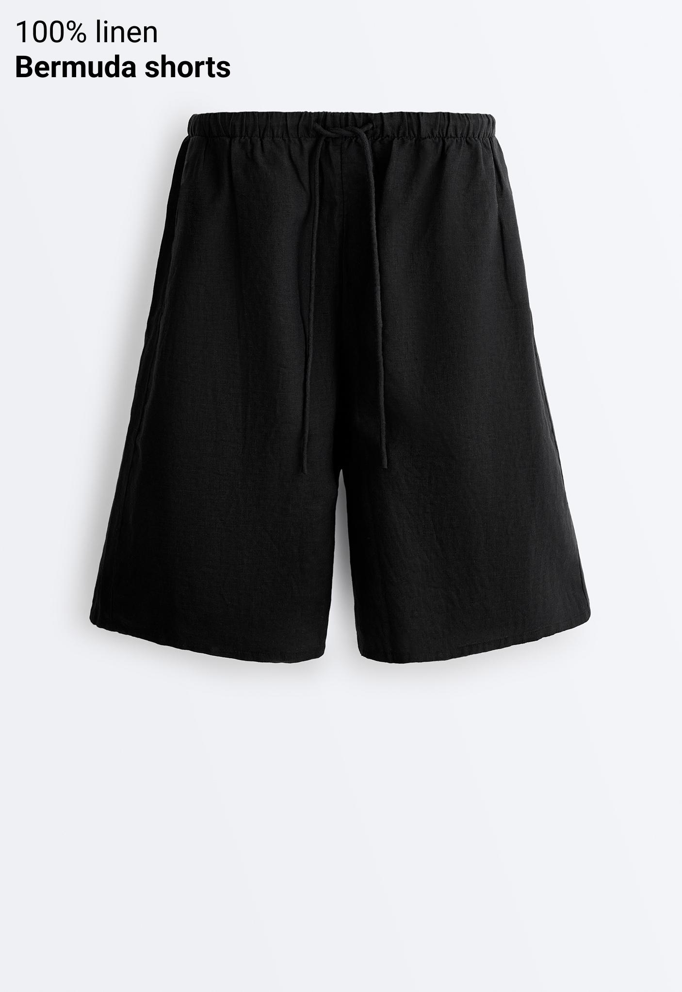100% linen midi Bermuda shorts — BLACK